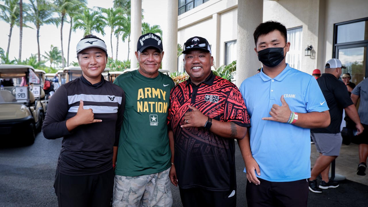 From left, 2022 Pacific Mini Games golf gold medalist Zhi Minjin of the NMI, seasoned NMI golfer Joe “Kamikaze” Camacho, Rep. Angel A. Demapan and Zhi Yun Li, a member of  NMI national  golf team.