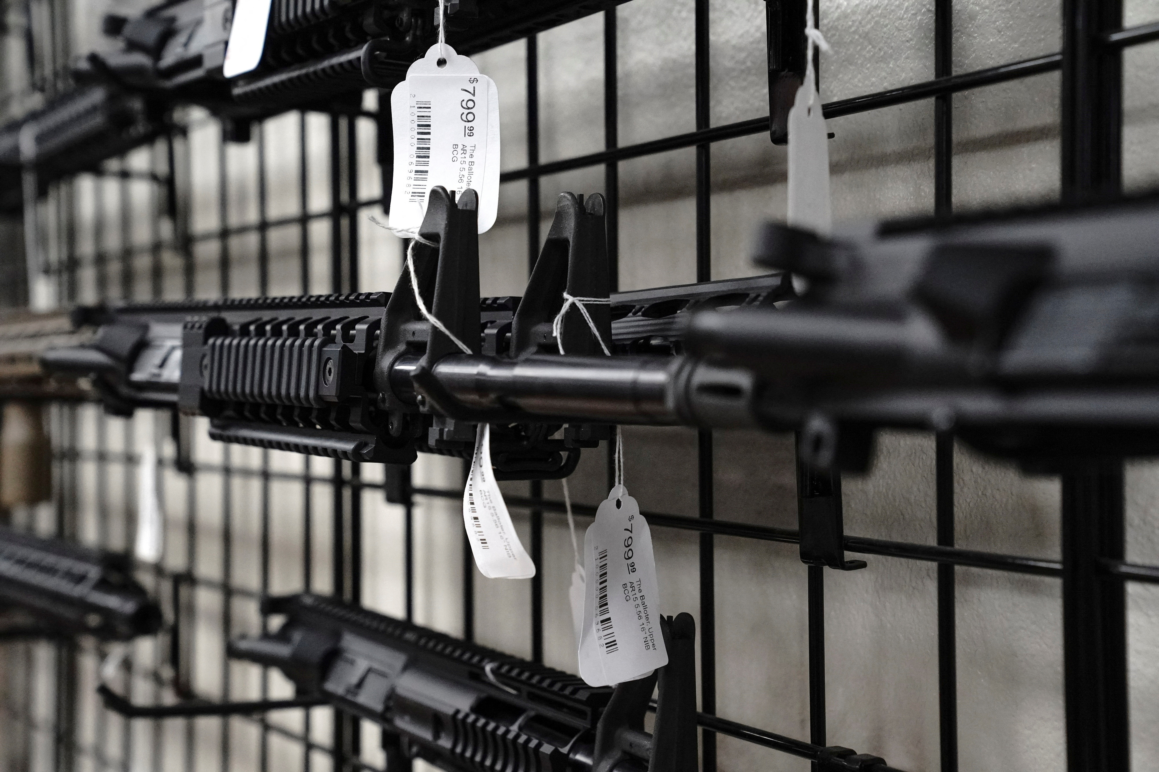 An AR-15 upper receiver nicknamed "The Balloter" is seen for sale at Firearms Unknown, a gun store in Oceanside, California,  April 12, 2021.