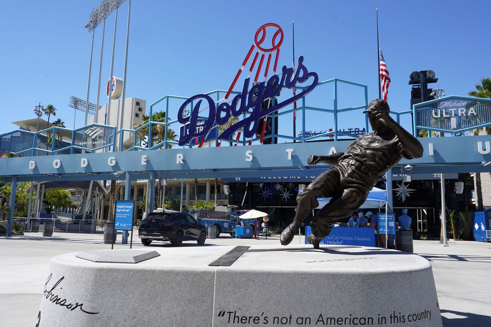 The statue of Jackie Robinson at Dodger Stadium before the game between the Chicago Cubs and Los Angeles Dodgers in Los Angeles, California on July 10, 2022.