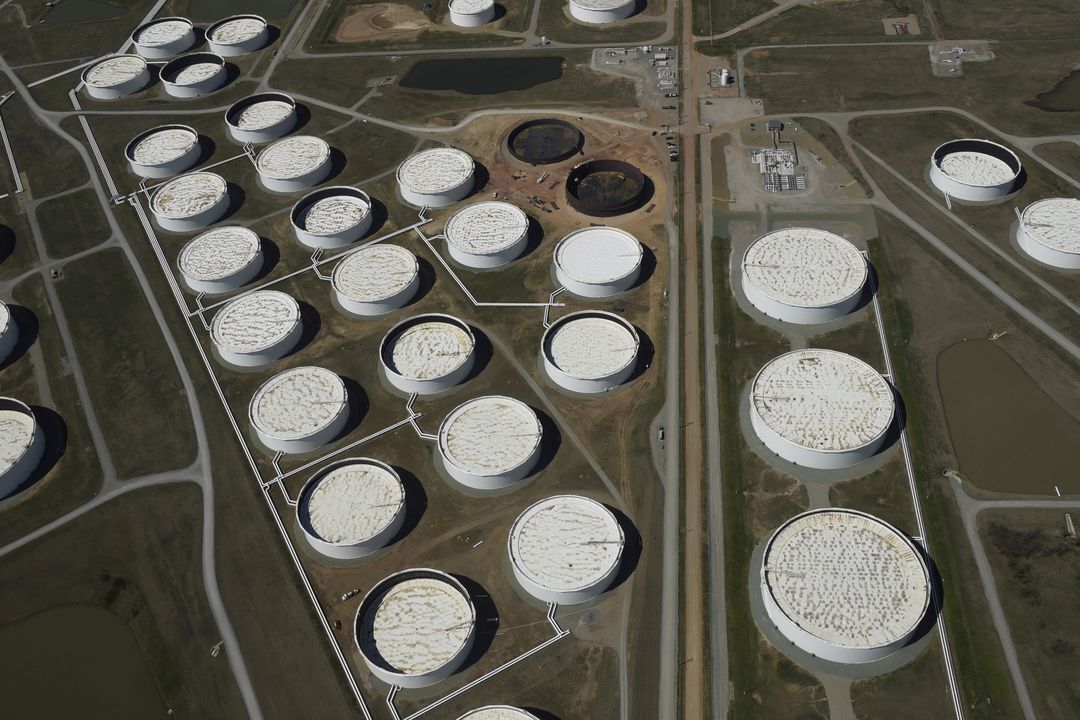 Crude oil storage tanks are seen from above at the Cushing oil hub, in Cushing, Oklahoma, March 24, 2016.