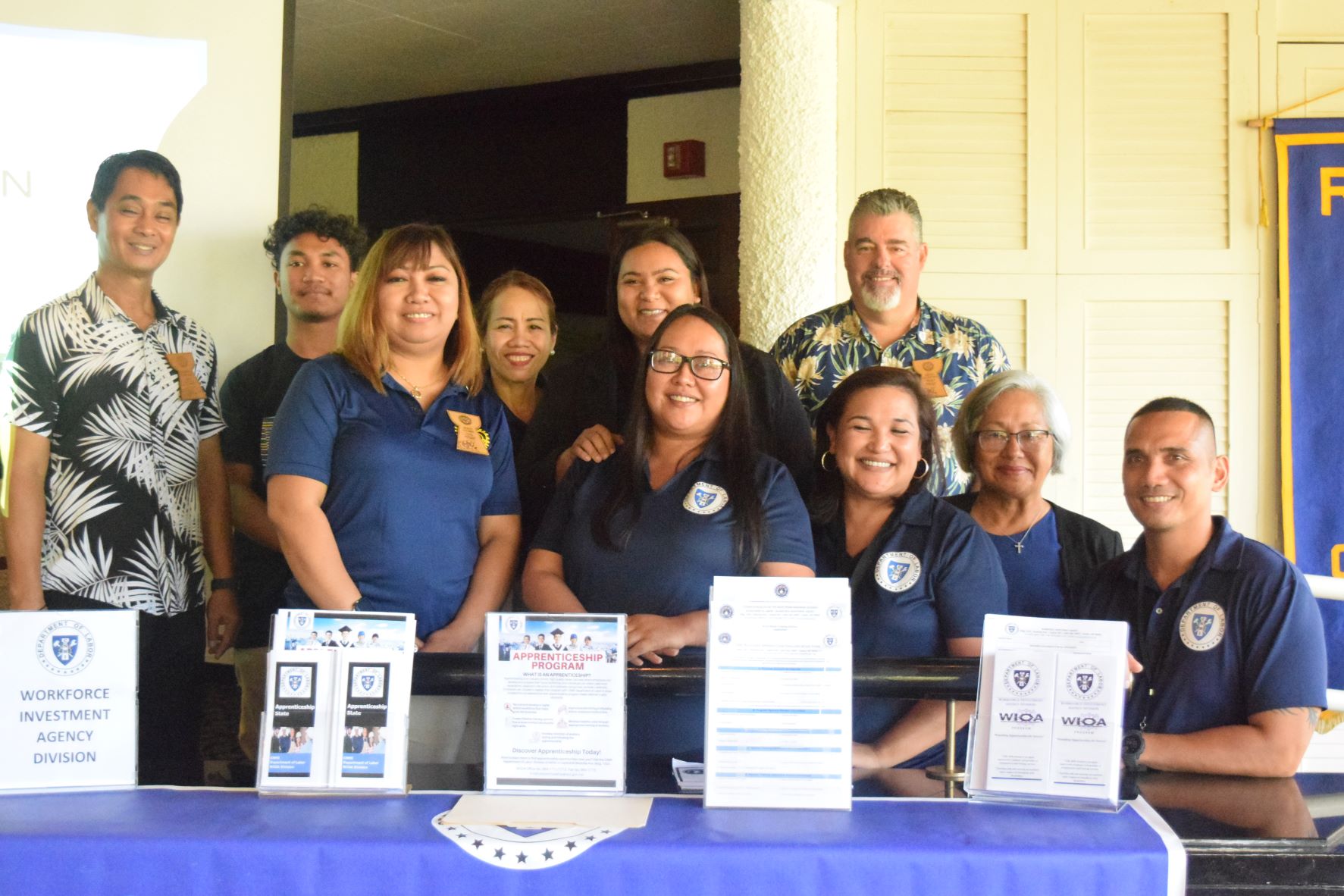 CNMI Labor Secretary Vicky Benavente, second right, Workforce Investment Agency Director Frances Torres, center, WIA staffers Colleen Diaz, third right, and James Villacrusis, right, pose with Rotary Club of Saipan President Wendell Posadas, left, Vice President Jessy Loomis, third left, President-elect Irene Holl, fourth left, and Sgt.-at-Arms Mario Valentino during the Rotary Club’s meeting at the Hyatt Regency Saipan's Giovanni’s Restaurant on Tuesday.