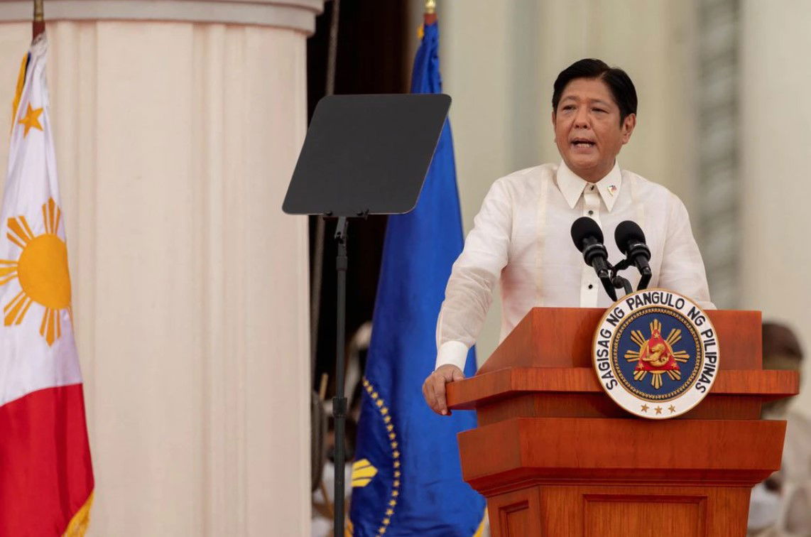 Philippine President Ferdinand "Bongbong" Marcos Jr. delivers a speech during his inauguration ceremony at the National Museum in Manila on June 30, 2022.