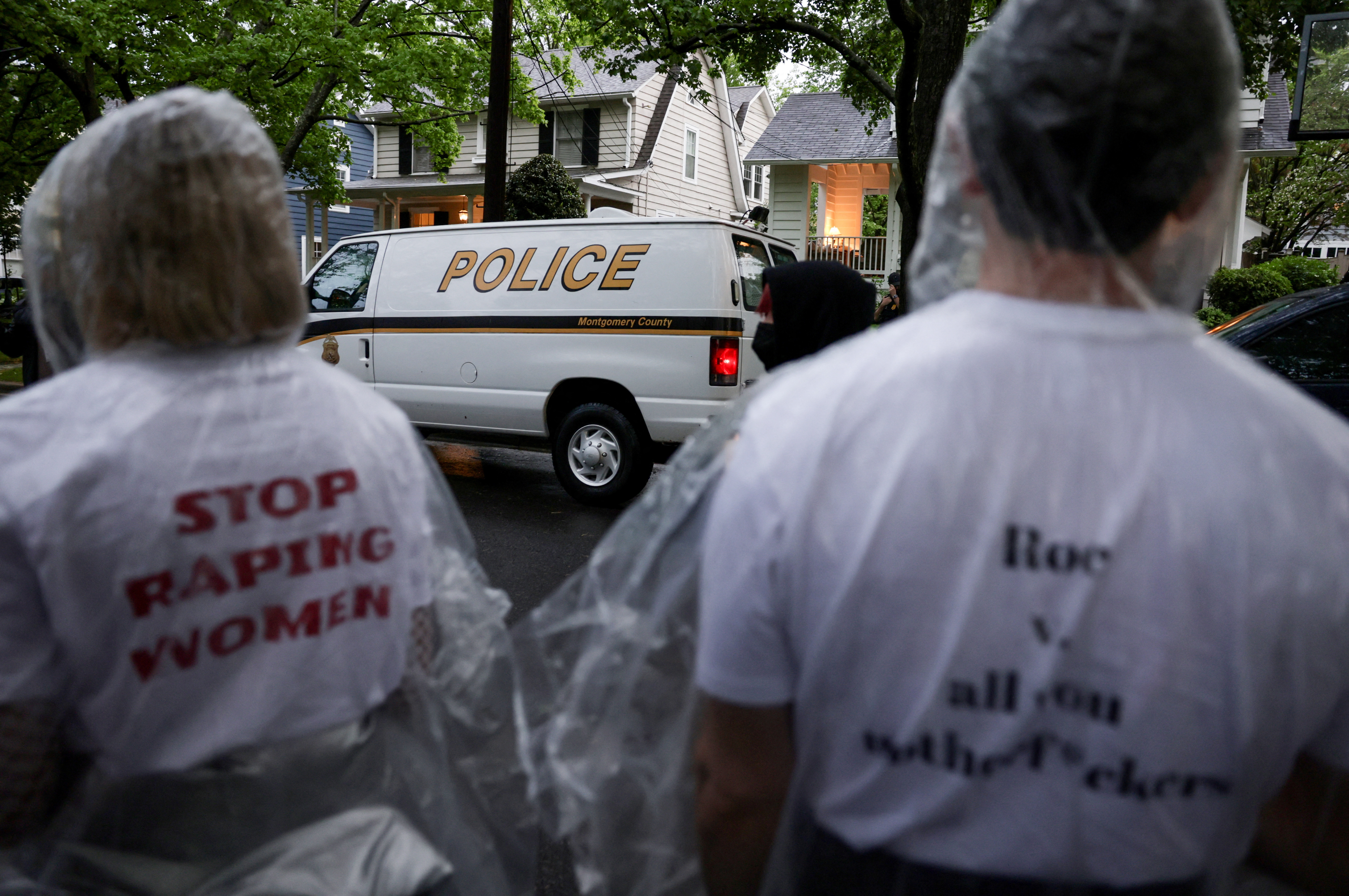 Demonstrators in support of reproductive rights protest outside of Supreme Court Justice Brett Kavanaugh's home in Chevy Chase, Maryland, May 7, 2022.
