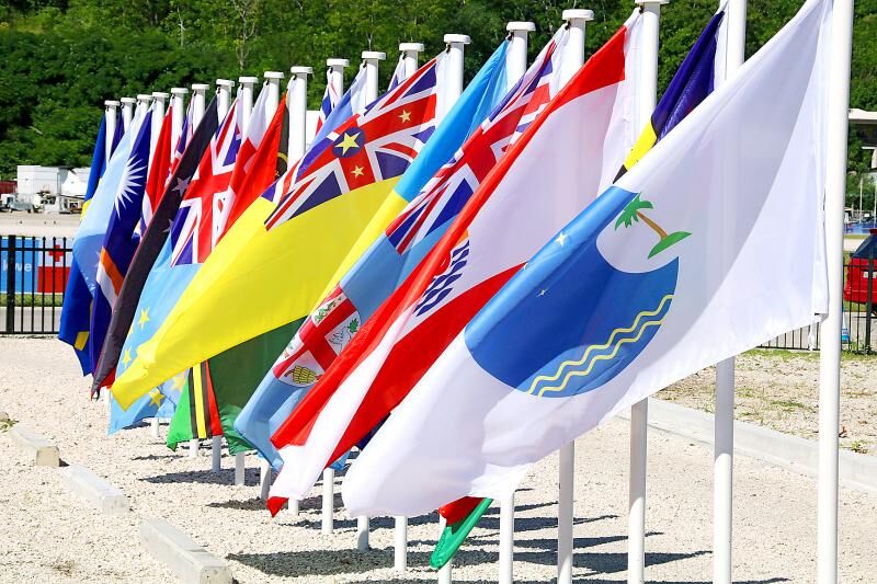 Flags from the Pacific Islands Forum countries are displayed in Yaren, Nauru on Sept. 5, 2018, the last day of that year’s forum.