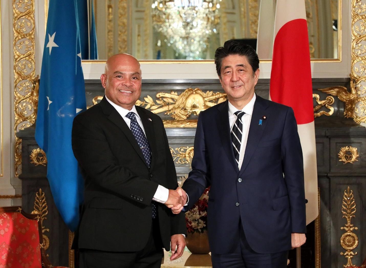 David W. Panuelo, president of the Federated States of Micronesia, with Shinzo Abe, prime minister of Japan in 2019.