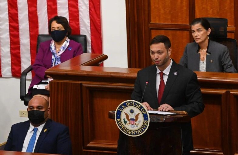 Guam Delegate Michael San Nicolas delivers his last congressional address Monday evening at the Guam Congress Building with elected officials attending including, bottom left, Lt. Gov. Joshua Tenorio; top left, Gov. Lou Leon Guerrero; and Speaker Therese Terlaje.