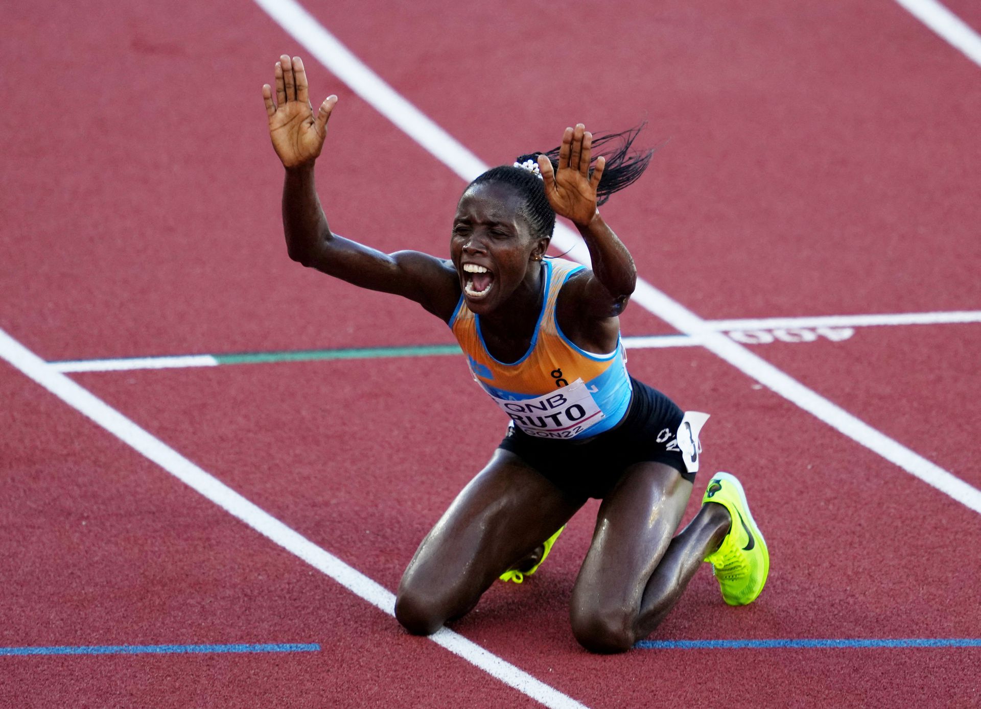 Kazakhstan's Norah Jeruto celebrates after winning the women's 3000 meters steeplechase final at the Hayward Field in Eugene, Oregon on July 20, 2022.