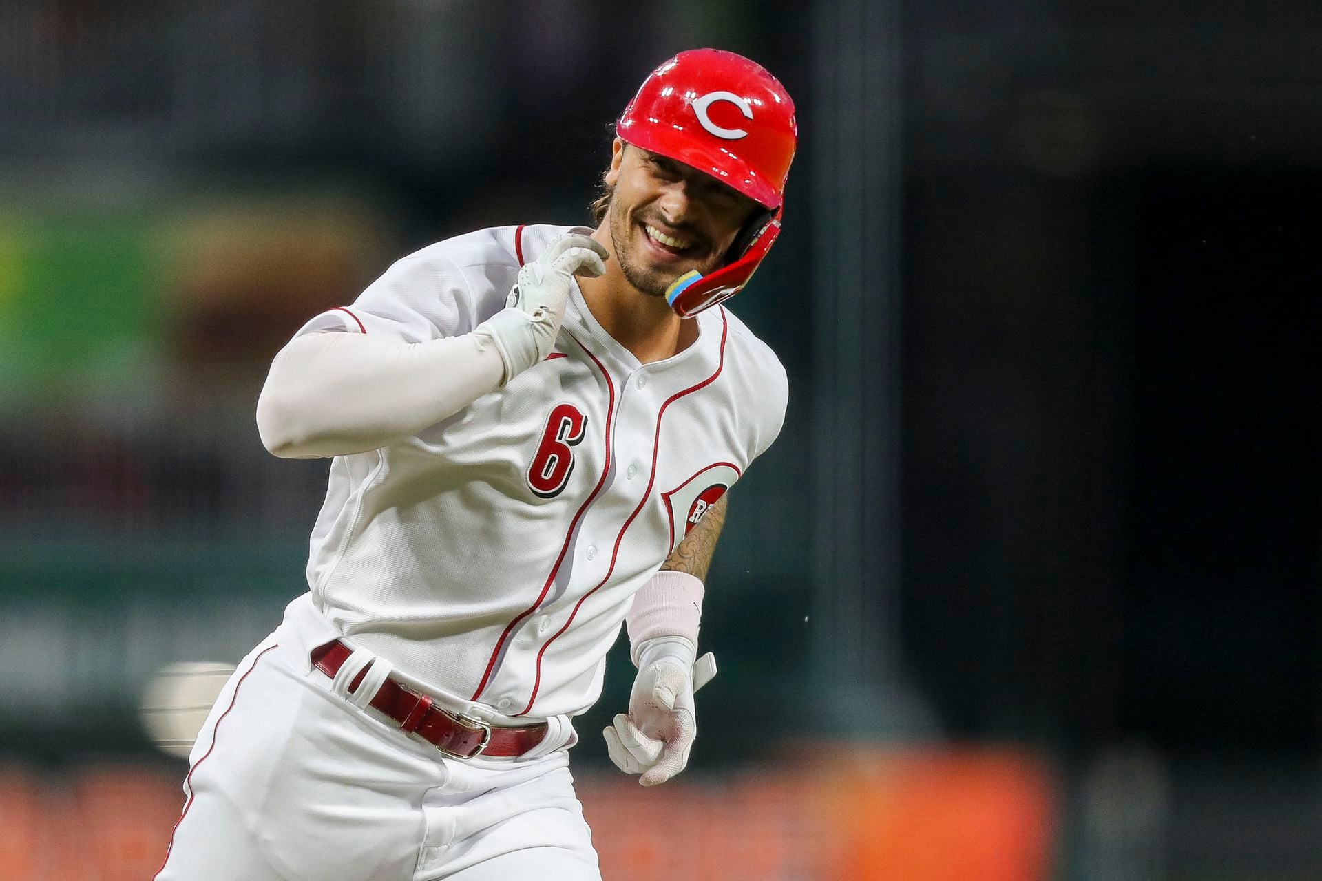 Cincinnati Reds designated hitter Jonathan India (6) reacts after hitting a grand slam home run in the fifth inning against the Miami Marlins at Great American Ball Park in Cincinnati, Ohio on July 25, 2022.