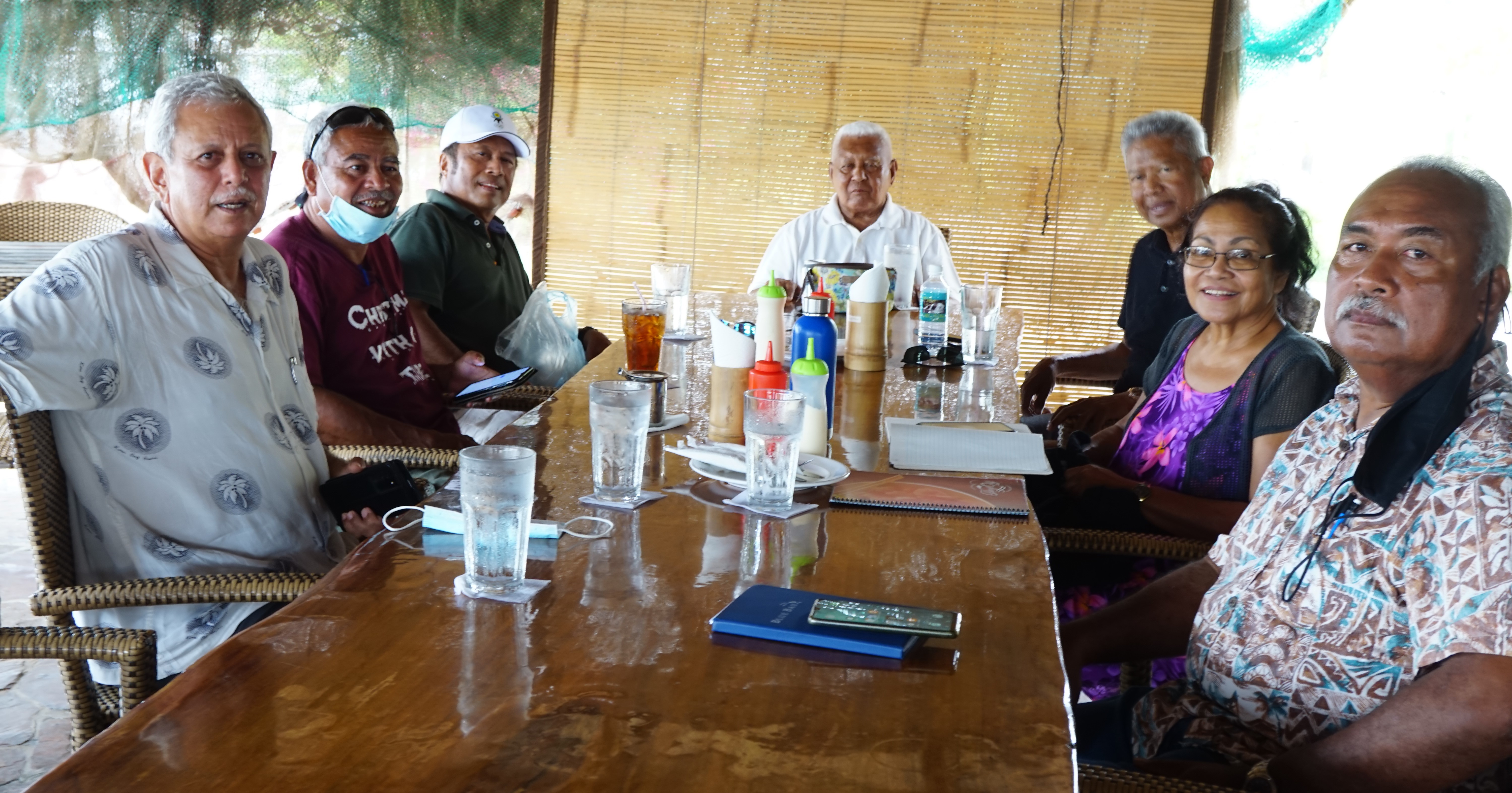 From left, MVS Vice President Alan Seid, Grand Master Navigator Sesario Sewralur, former Palau President Tommy E. Remengesau Jr., High Chief Reklai Raphael B. Ngirmang, MVS President Shallum Etpison, MVS Secretary/Treasurer Faustina Rehuher-Marugg, and Dr. Patrick Tellei.