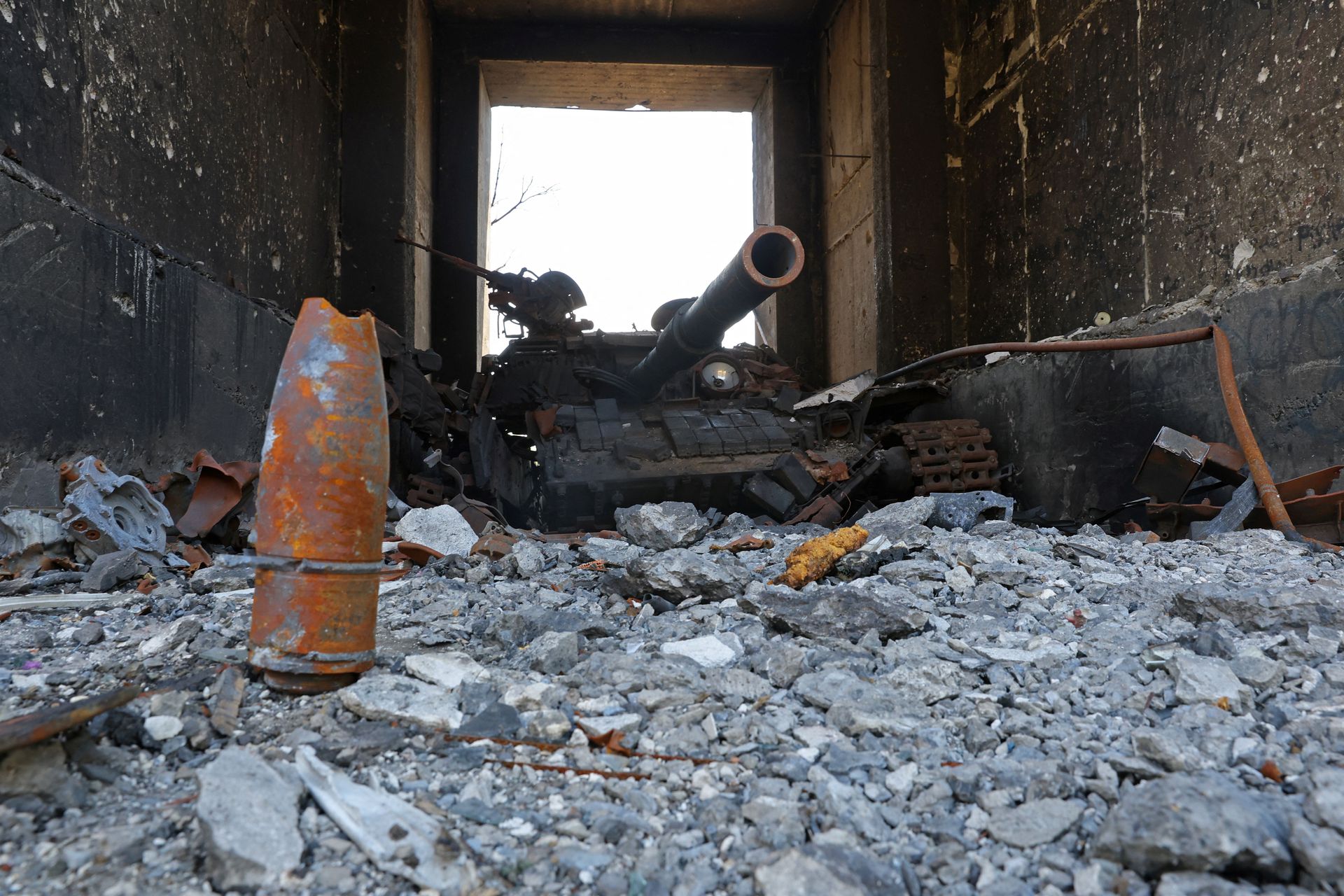 A view shows a destroyed tank during Ukraine-Russia conflict in the city of Sievierodonetsk in the Luhansk Region, Ukraine, July 1, 2022.