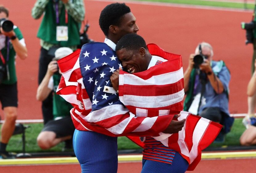 Gold medalist Fred Kerley of the U.S. celebrates after winning the men's 100 meters final in the World Athletics Championships at Hayward Field in Eugene, Oregon on July 16, 2022.