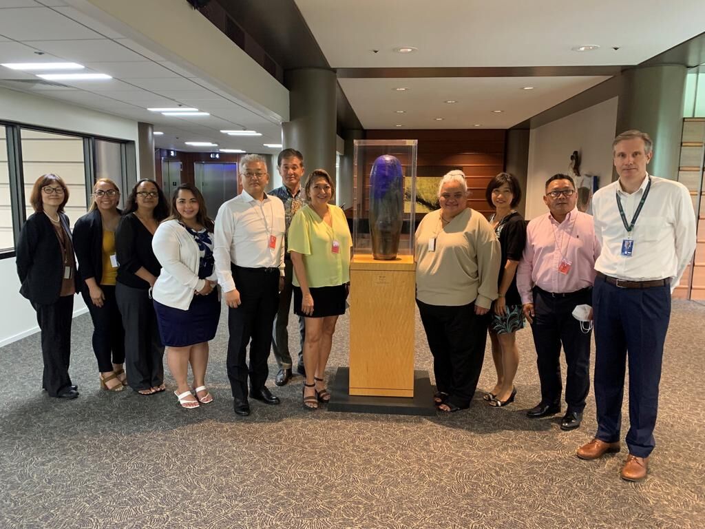 Marianas Visitors Authority Board Chairwoman Viola Alepuyo, fourth right, leads the Marianas delegation on July 6, 2022, in meeting with Steve Knode, Deputy Senior Commercial Officer at the U.S. Embassy in Tokyo, Japan. MVA was in Japan to meet with key travel partners in anticipation of direct flight service between Tokyo and Saipan beginning Sept. 1, 2022.  Pictured from left are Tamami Honda, MVA Procurement Manager Lenette Maratita, MVA Marketing Specialist Brenda Repeki, MVA Managing Director Priscilla M. Iakopo, Japan Tourism Resumption Investment Plan Chairman Masaru Sunaga, MVA Japan In-country Manager Takashi Ichikura, MVA Board Vice Chairwoman Gloria Cavanagh, Alepuyo, MVA Japan Sales Manager Kyoko Okabe, TRIP Chairman Ivan Quichocho, and Knode.