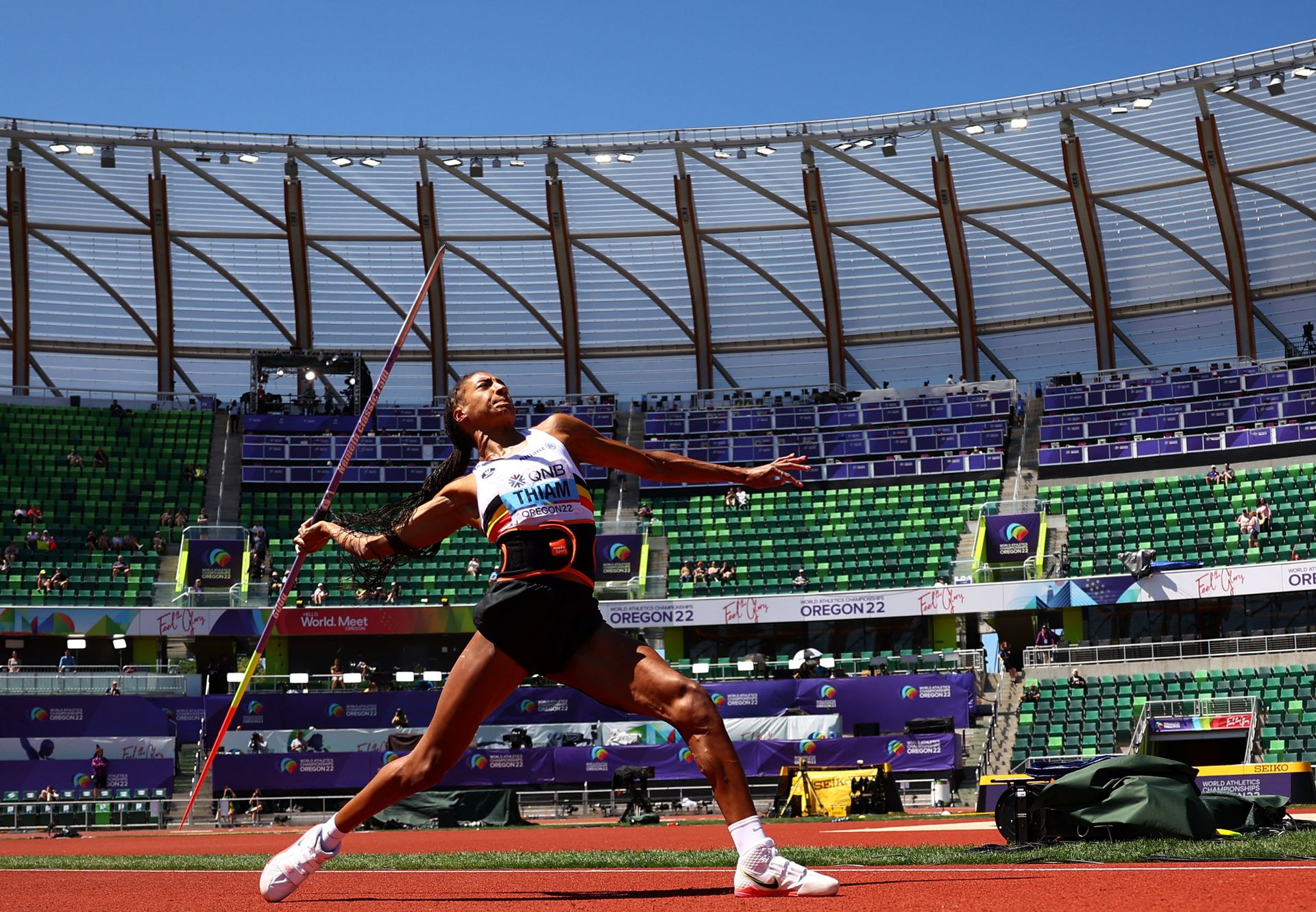 Belgium's Nafissatou Thiam in action at the World Athletics Championships in Eugene, Oregon,  July 18, 2022.