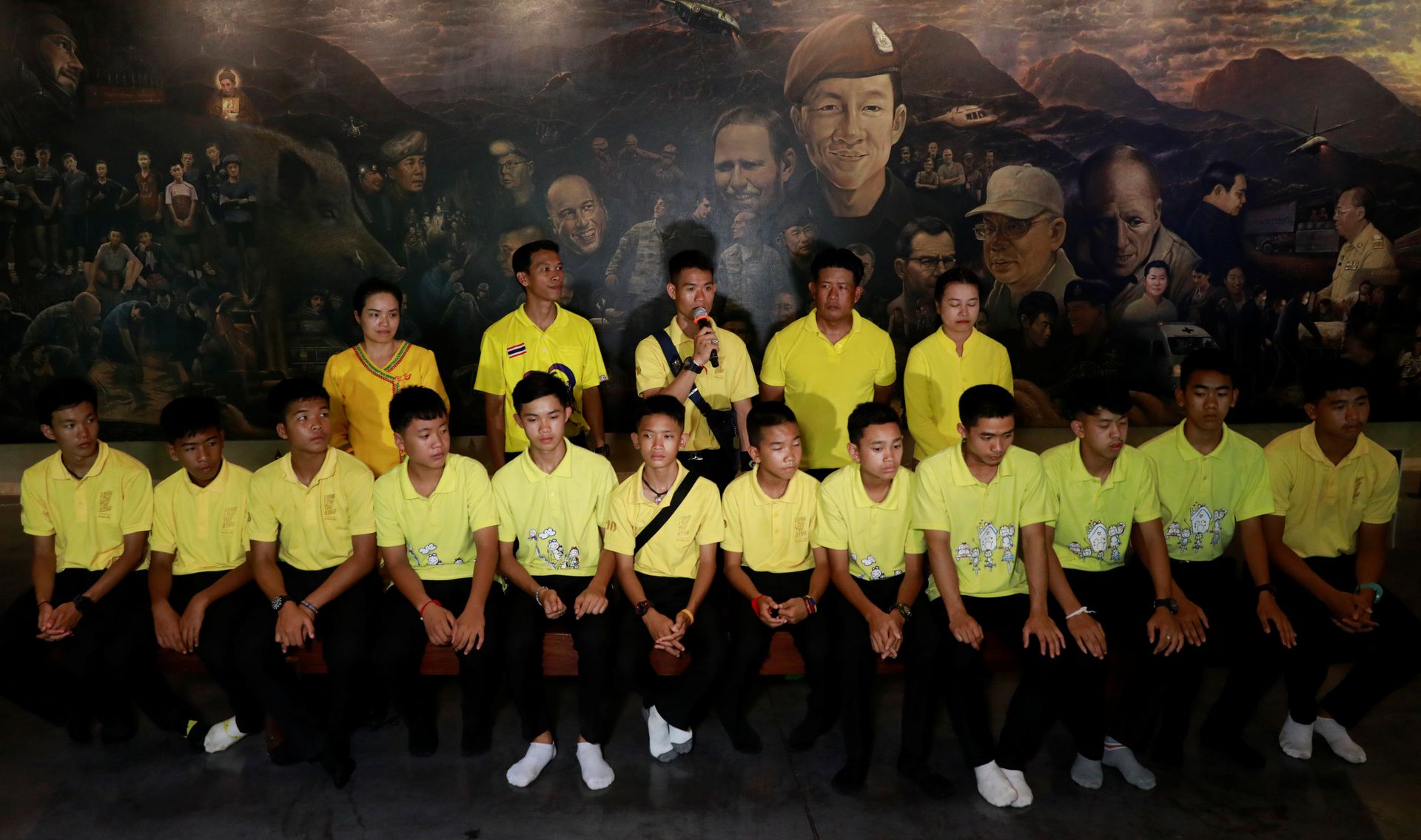 Members of the Wild Boars soccer team attend a news conference during their return to Tham Luang, as they mark the one-year anniversary of being trapped in a cave, in Chiang Rai, Thailand, June 24, 2019.