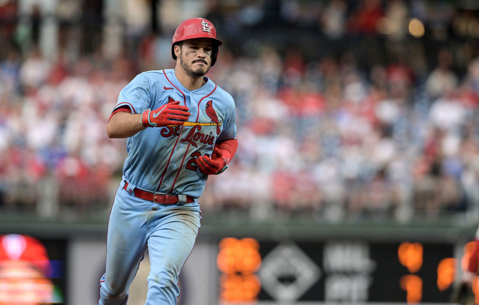 St. Louis Cardinals third baseman Nolan Arenado (28) rounds the bases after hitting a game-winning home run during the ninth inning against the Philadelphia Phillies at Citizens Bank Park in Philadelphia, Pennsylvania on July 2, 2022.