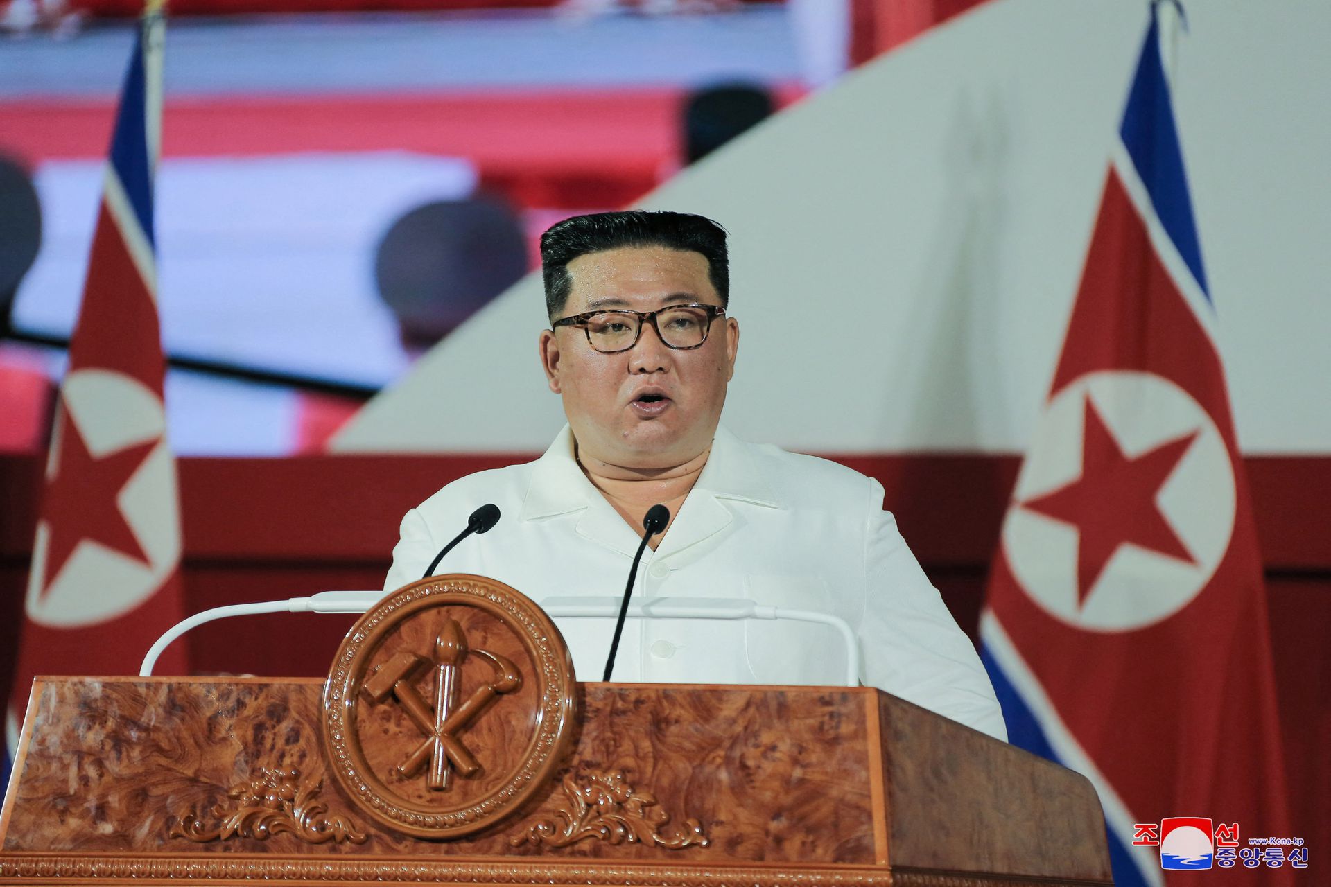 North Korea's leader Kim Jong Un speaks during a ceremony to mark the 69th anniversary of the Korean War armistice, in Pyongyang, North Korea, in this photo released July 27, 2022 by North Korea's Korean Central News Agency.