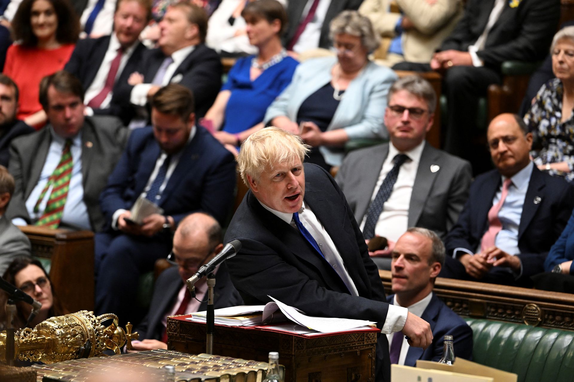 British Prime Minister Boris Johnson speaks during Prime Minister's Questions at the House of Commons in London, Britain, July 6, 2022.