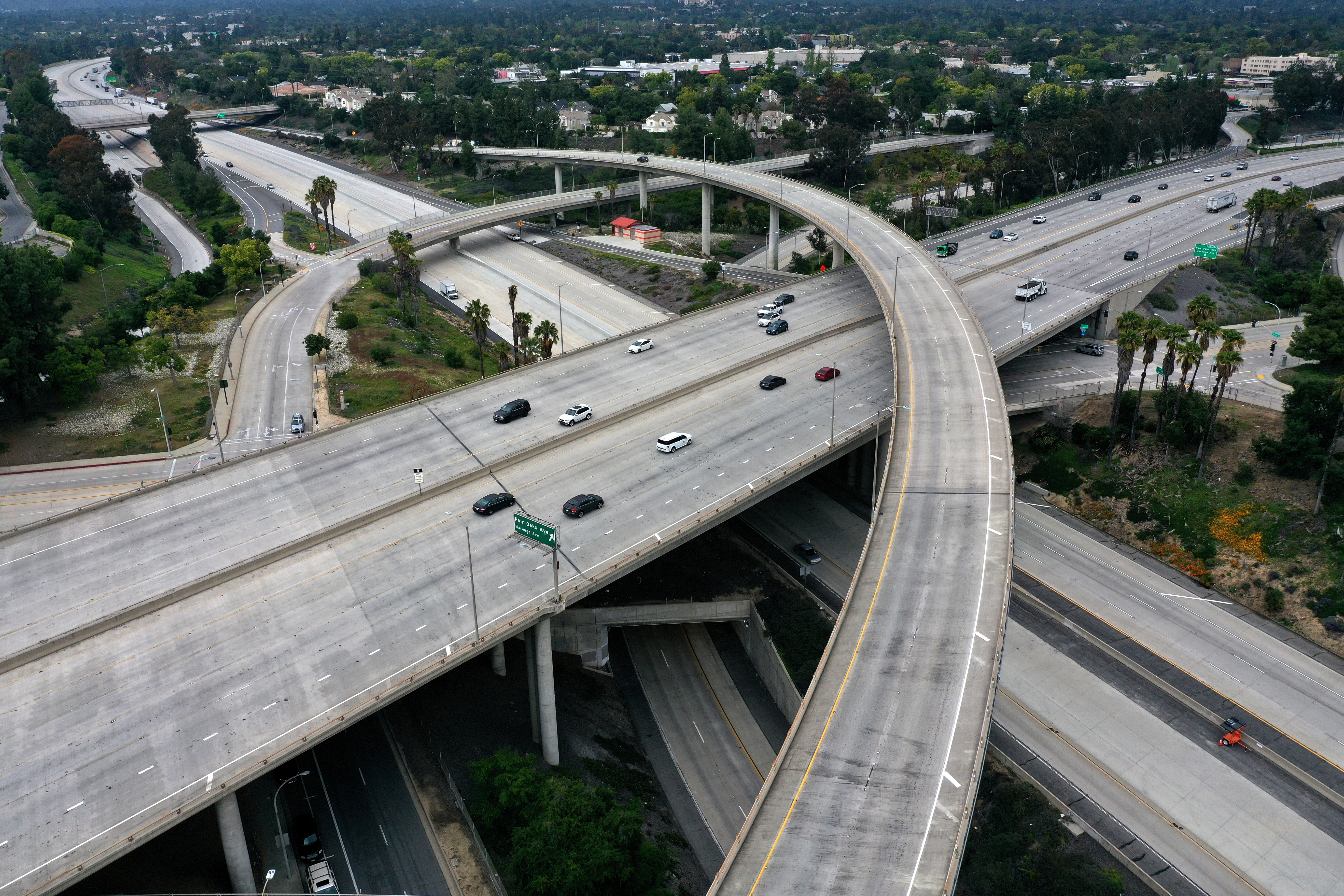 An empty freeway intersection is seen two days before Earth Day, after Los Angeles’ stay-at-home order caused a drop in pollution, as the global outbreak of the coronavirus disease continues, in Pasadena, near Los Angeles, California, April 20, 2020.