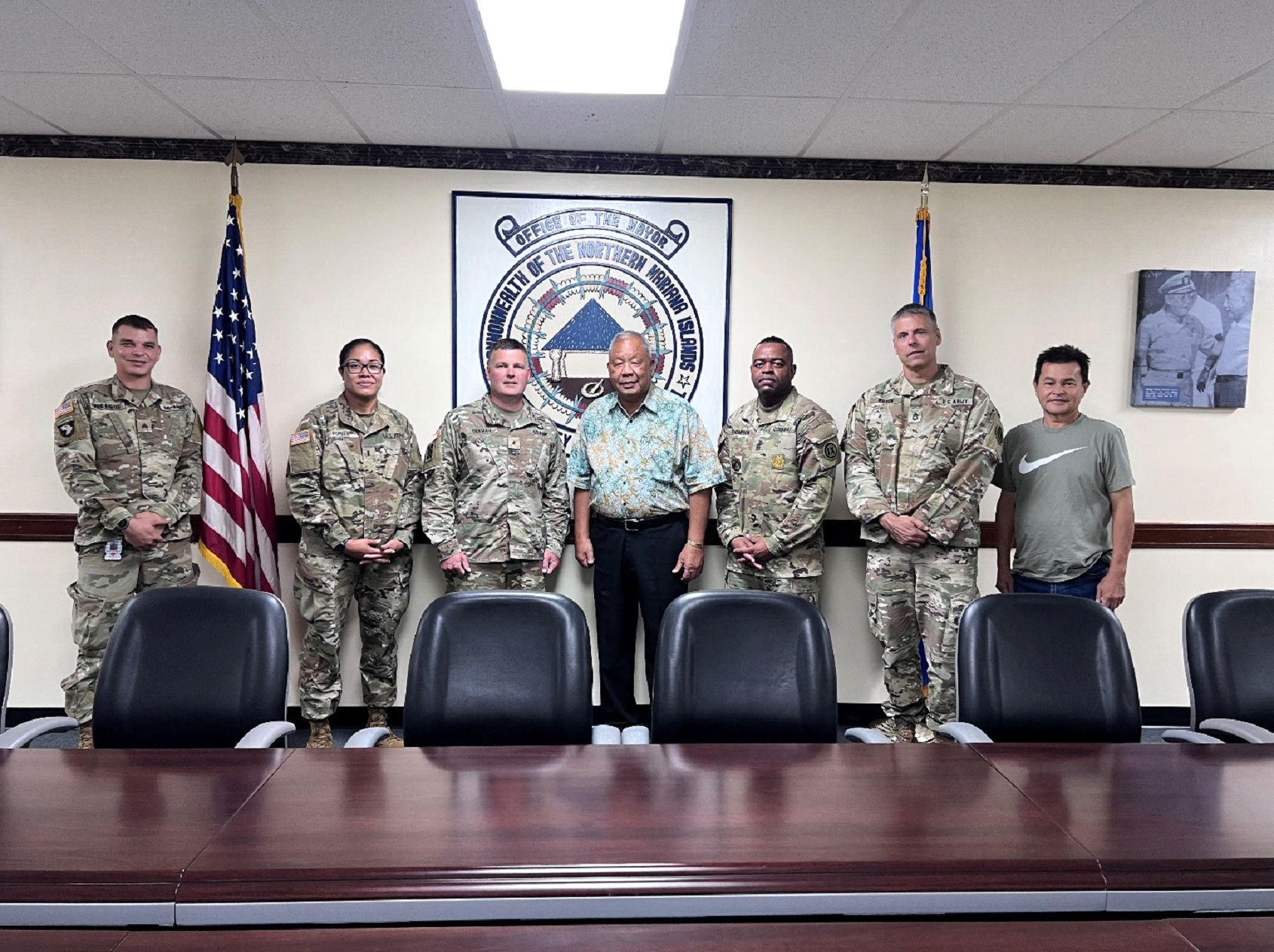 Saipan Mayor David M. Apatang, center, poses with the commander of the 9th Mission Support Command of the U.S. Pacific U.S. Army Reserve, Brig. Gen. Mark W. Siekman, third left, and his team during a meeting on July 5 at the Saipan Mayor's Office. Also in photo is the mayor's special assistant, Henry Hofschneider, right.