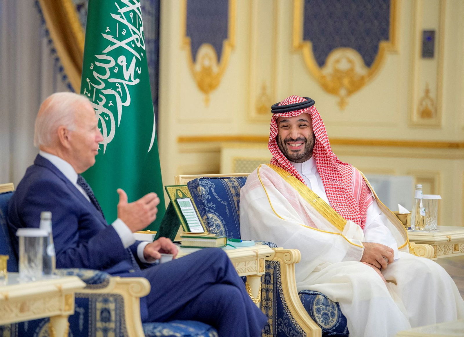 Saudi Crown Prince Mohammed bin Salman and President Joe Biden meet at Al Salman Palace upon Biden’s arrival in Jeddah, Saudi Arabia, July 15, 2022.