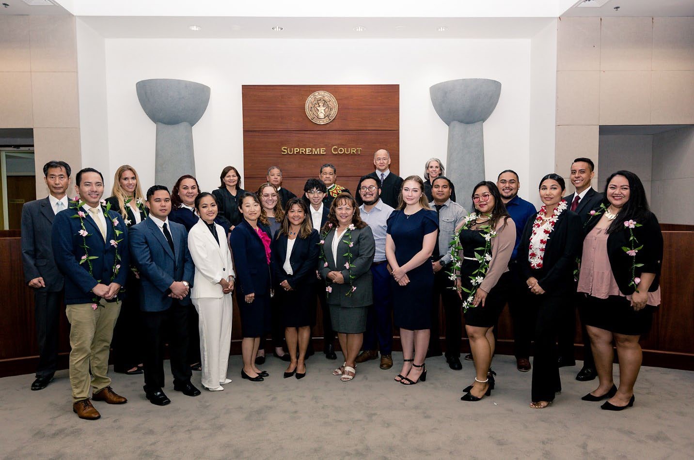 Pre-Law  participants front row, from left: Daniel Isaac P. Brown,  Peter Paul H. Camacho, Lallane Casugay  Guiao, Professor Eun Hee Han, Professor Rose Cuison-Villazor, Rep. Celina Roberto Babauta,  Emma Rae Timmons,  Josephine  N. Estrada, Victoria  Simone Bellas, and Weena Gwendolyn Taitano Iguel. Middle row, from left, Daeyoung “Daniel”  Huh, Lisa Phair, Rebecca  C. White, Brianna Concepcion Hunter, Ardel  R. Ciolo, Zeno Camacho  Deleon Guerrero,  Jr., Ikluk T. Masayos,  Mikiotti N. Evangelista, and Michael Emil A. Johnson. Back row, from left,  District Court for the NMI Chief Judge Ramona V. Manglona, Justice Perry B. Inos, Chief Justice Alexandro C. Castro, Justice John A. Manglona, and Magistrate Judge Heather L. Kennedy. Not pictured: Olivia Yuri T. Hirsh and Charlie Alayan Rivera.