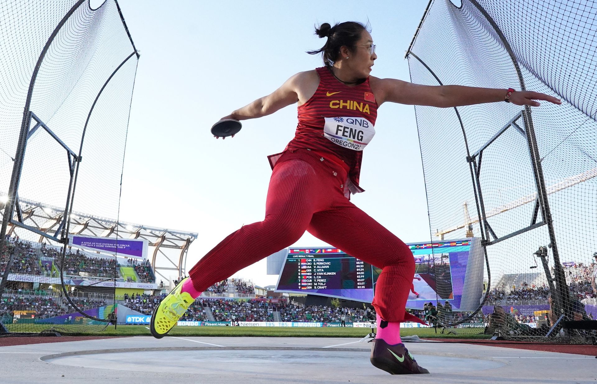 China's Bin Feng in action during the women's discus throw final of the World Athletics Championships at Hayward Field in Eugene, Oregon on July 20, 2022.