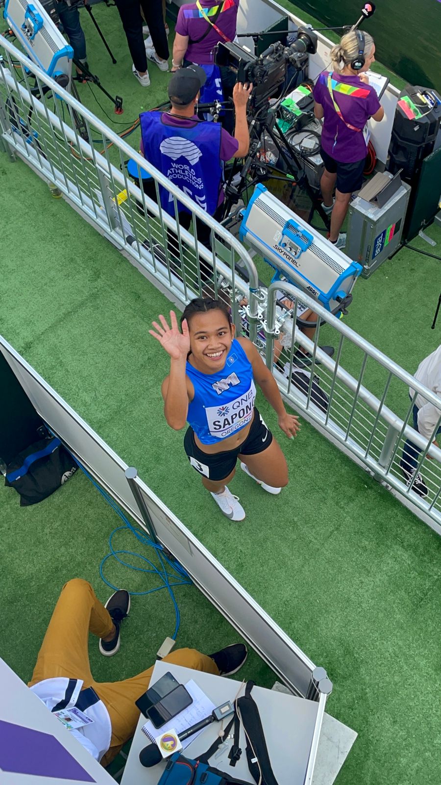 Zarinae Sapong smiles for the camera before the start of the women’s 100m event of the World Athletics Championships at the University of Oregon.