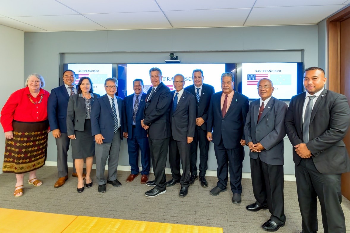 From left, U.S. Ambassador Karen B. Stewart, Deputy Assistant Secretary Keone Nakoa, U.S. Ambassador to the FSM Carmen G. Cantor, Special Presidential Envoy Ambassador Joseph Yun, FSM Sen. Aren B. Palik, FSM Chief Negotiator Leo A. Falcam, Jr., Joint Committee on Compact Review and Planning Chairman Asterio Takesy, FSM Vice Speaker Esmond B. Moses, FSM Ambassador Akillino H. Susaia, JRCP Member Gerson Jackson, and FSM Finance Minister Eugene Amor.