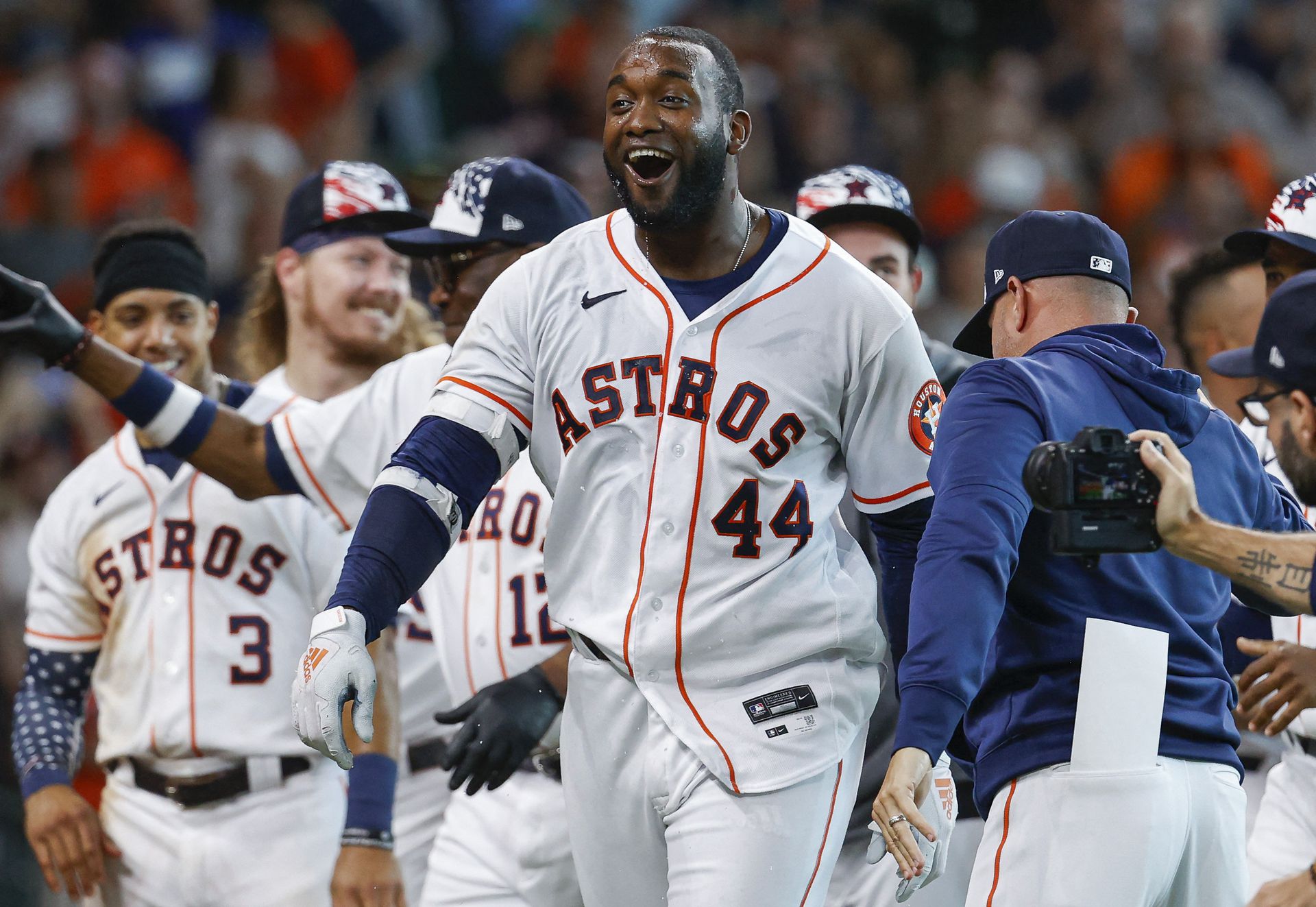 Houston Astros designated hitter Yordan Alvarez (44) celebrates after hitting a walk-off home run during the ninth inning against the Kansas City Royals at Minute Maid Park in Houston, Texas, July 4, 2022.