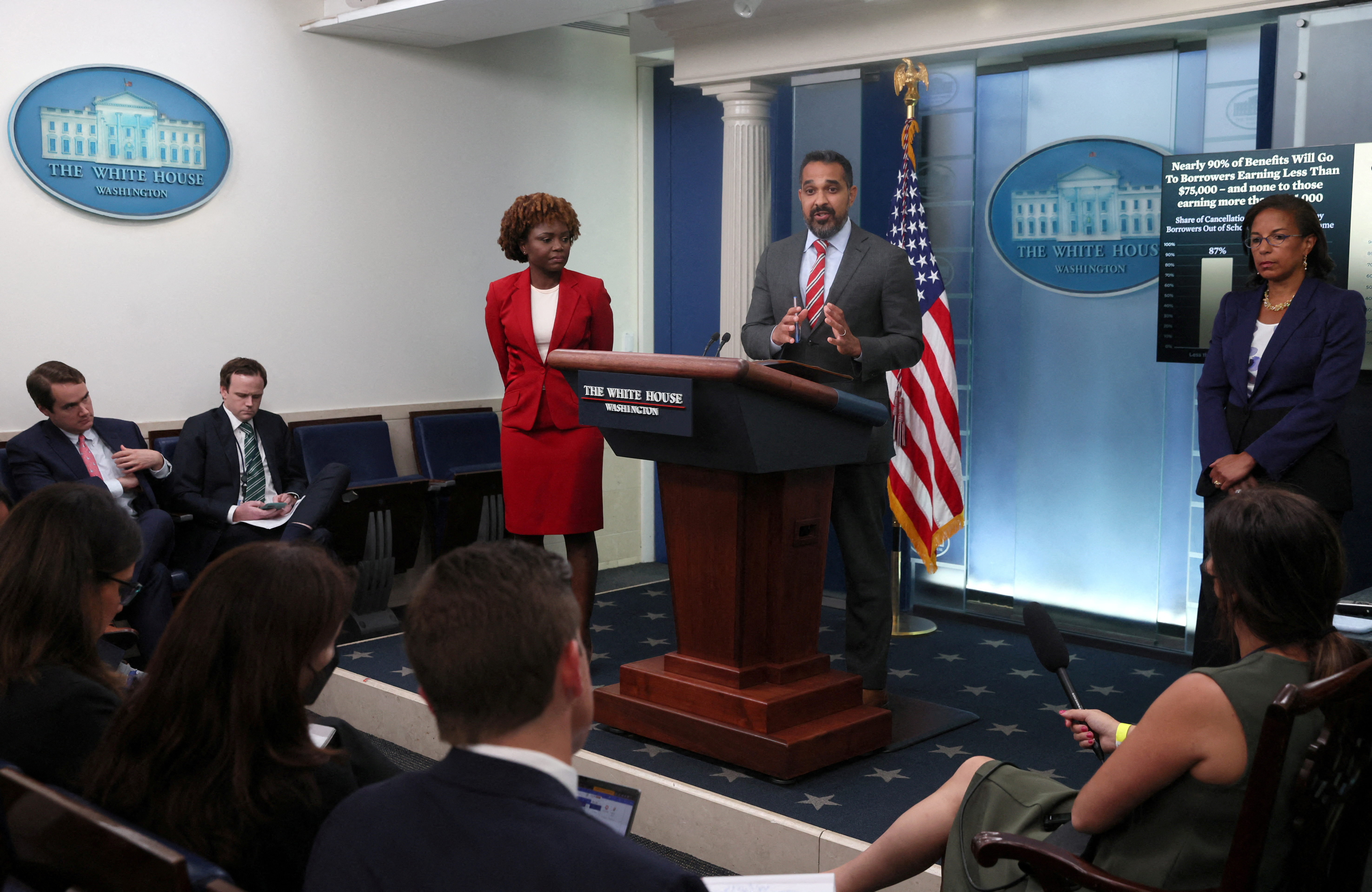 Deputy Director of the National Economic Council Bharat Ramamurti speaks at a press briefing next to White House Press Secretary Karine Jean-Pierre and Domestic Policy Advisor Susan Rice at the White House in Washington, D.C., Aug. 24, 2022.