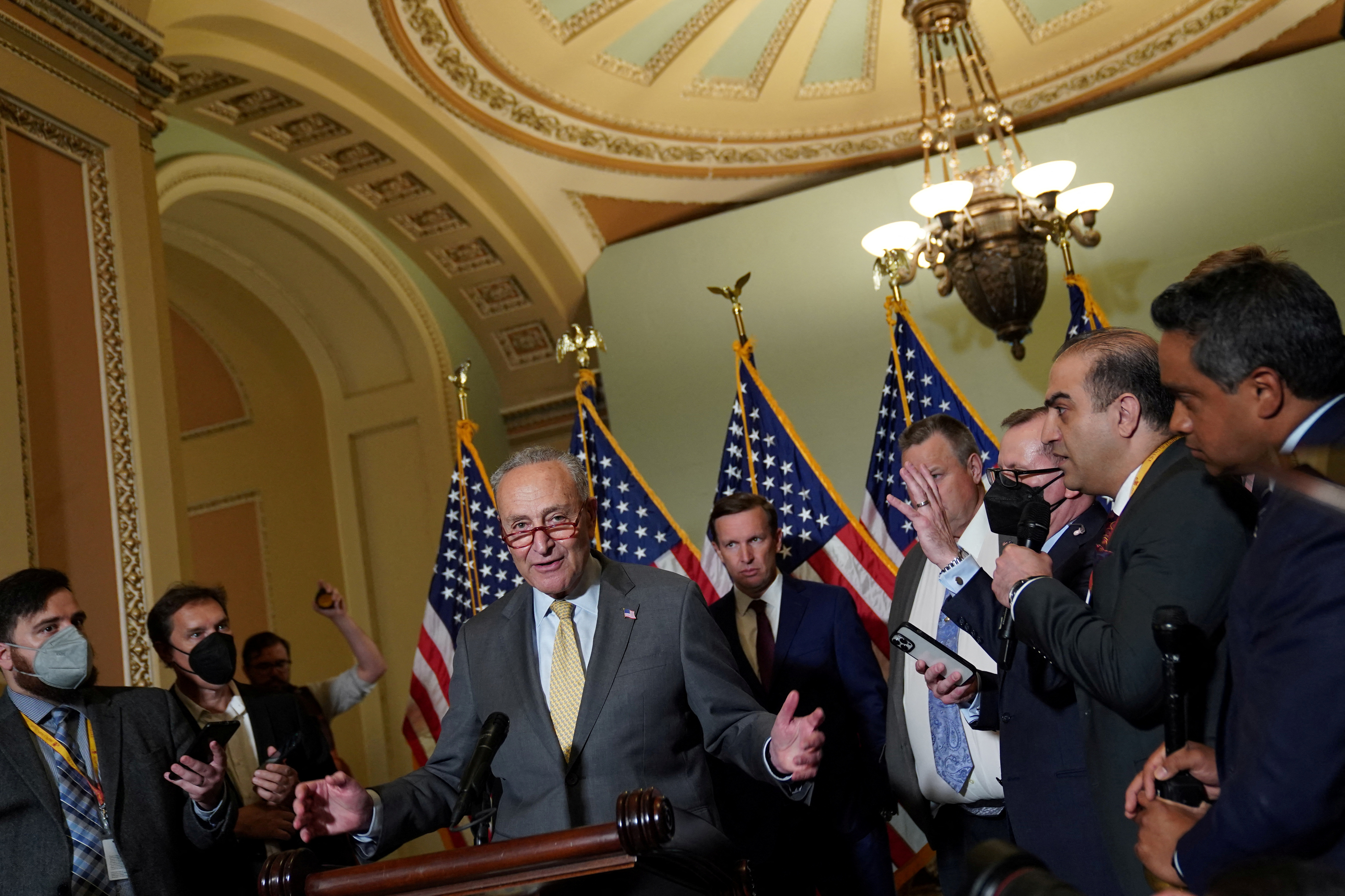 U.S. Senate Majority Leader Chuck Schumer, D-NY, speaks to reporters after the weekly Senate party caucus luncheons at the U.S. Capitol in Washington, D.C., June 14, 2022.