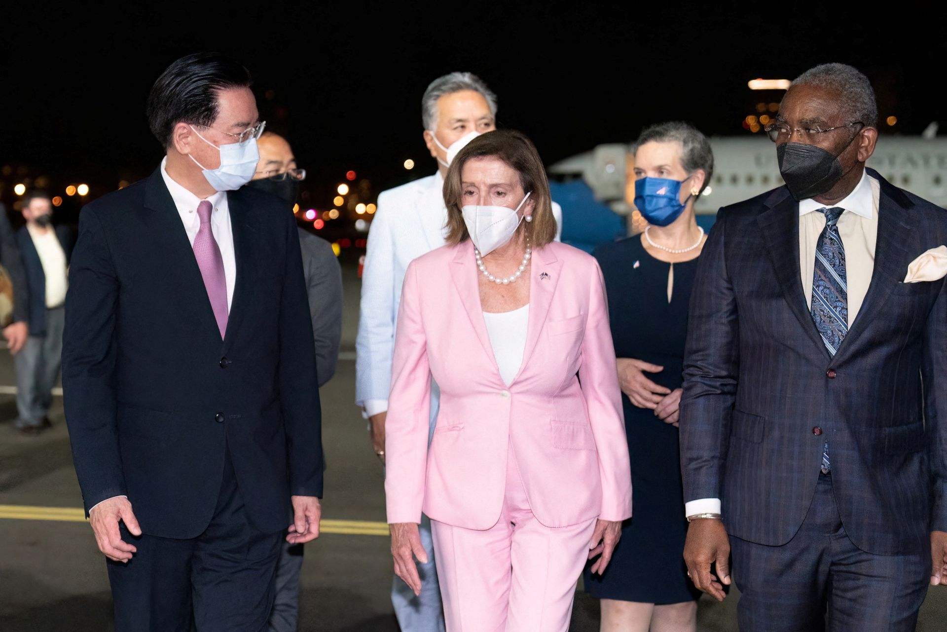 Taiwan Foreign Minister Joseph Wu welcomes U.S. House Speaker Nancy Pelosi at Taipei Songshan Airport in Taipei, Taiwan, Aug. 2, 2022.