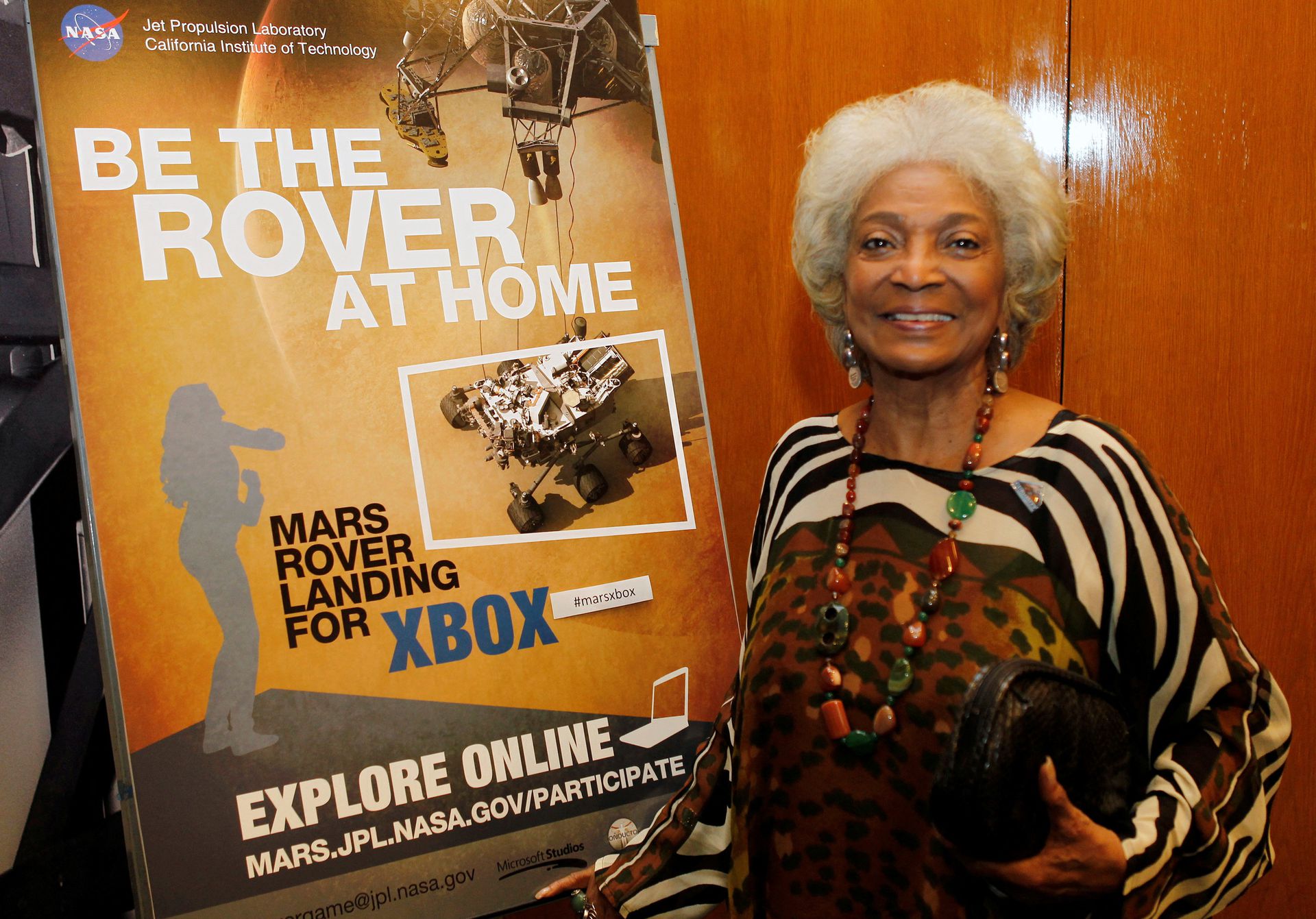 Actor Nichelle Nichols, who played the character Uhura in the original "Star Trek" TV series, poses at NASA's Jet Propulsion Lab in Pasadena, California, Aug. 5, 2012.
