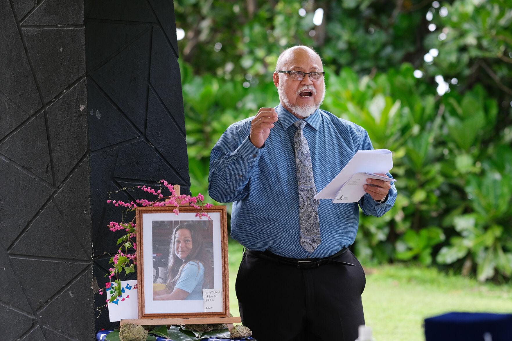 Pastor Melvin Duenas and a group of about a dozen people remembered the late Terra Tiptino during a short memorial ceremony at Gov. Joseph Flores Memorial Park at Ypao beach on Friday afternoon.