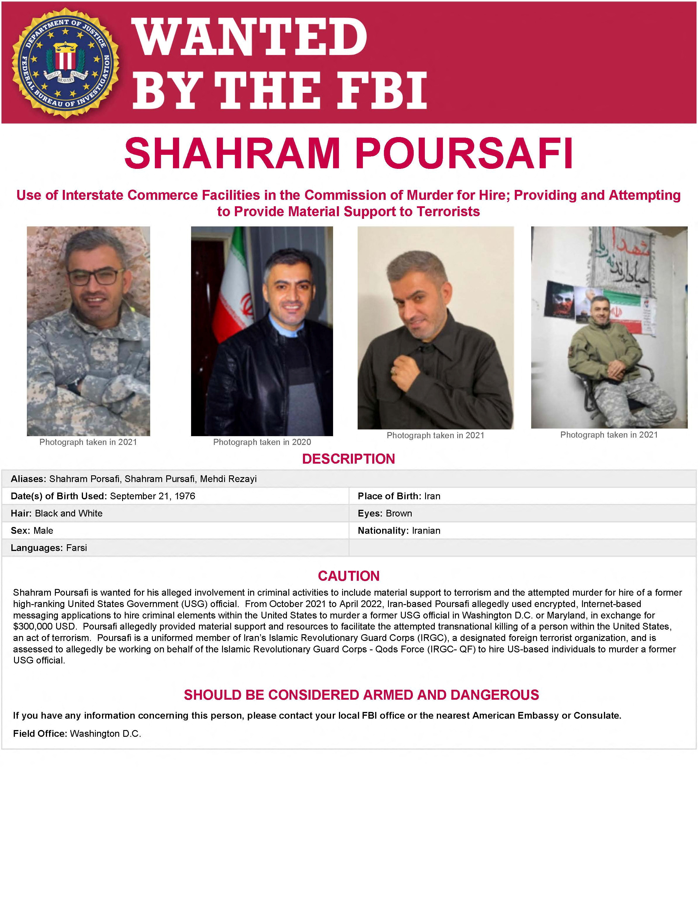 An FBI wanted poster shows Shahram Poursafi, also known as Mehdi Rezayi of Tehran, Iran, in an image released by the U.S. Justice Department after they charged the member of Iran's Revolutionary Guard Corps with plotting to murder John Bolton, the national security adviser to former President Donald Trump.