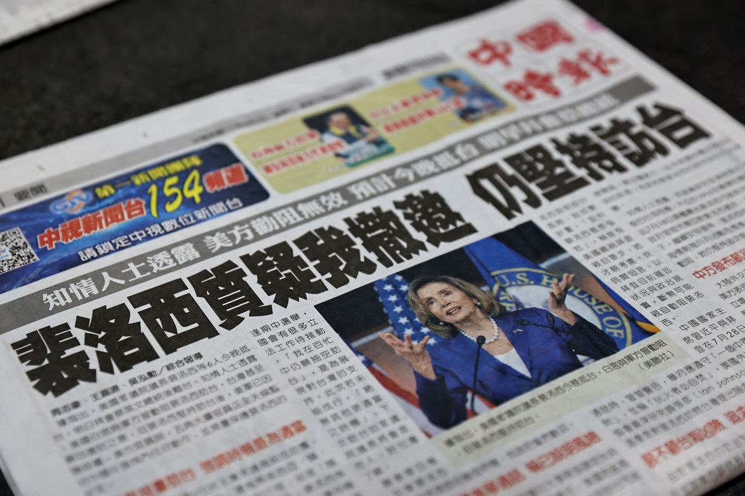 A newspaper front page reporting about U.S. House Speaker Nancy Pelosi is pictured in Taipei, Taiwan, August 2, 2022.