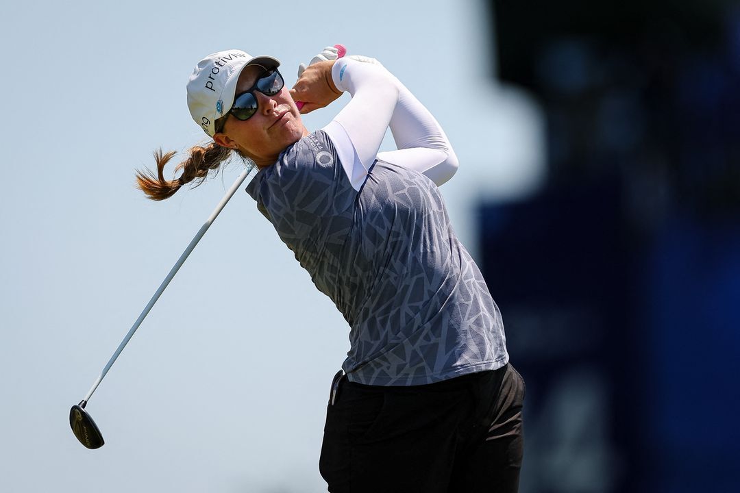 Jennifer Kupcho plays her shot from the 15th tee during the final round of the KPMG Women's PGA Championship golf tournament at Congressional Country Club in Bethesda, Maryland, June 26, 2022.