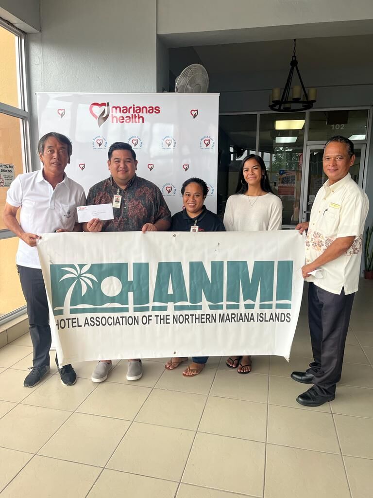 Marianas Health Services donates $1,000 on July 27, 2022, at the MHS office in San Jose, Saipan, to the 20th Annual HANMI Charity Classic Golf Tournament slated for Sept. 17, 2022, at LaoLao Bay Golf & Resort.  From left, golf  tournament committee  chairman  Juko Ishikawa; MHS’ Kovanni Cabrera, Dolores Ogumoro, and Katie Camacho; and tournament committee vice chairman Neil Metran.