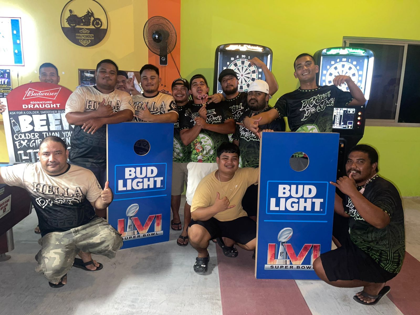 6JMS Hella Darty and Tambayan NoSkillJustLuck pose for a photo after their match Thursday in the Fanihi Thursday “B” Division of the SEDA Bud Light Dart League at Tambayan Bar.