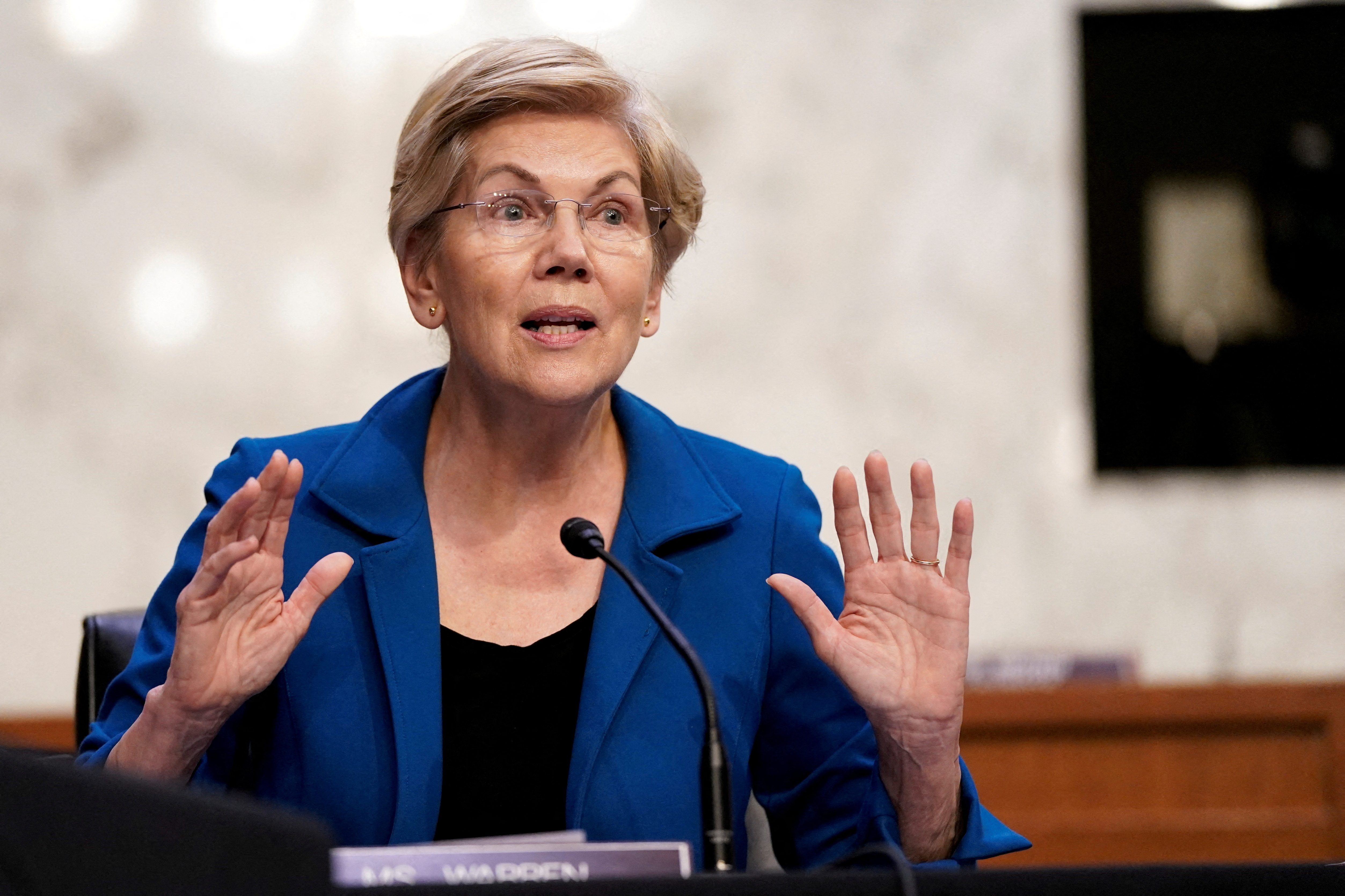 U.S. Sen. Elizabeth Warren, D-Mass., gestures during a Senate Banking, Housing, and Urban Affairs Committee hearing on Capitol Hill in Washington, D.C., June 22, 2022.