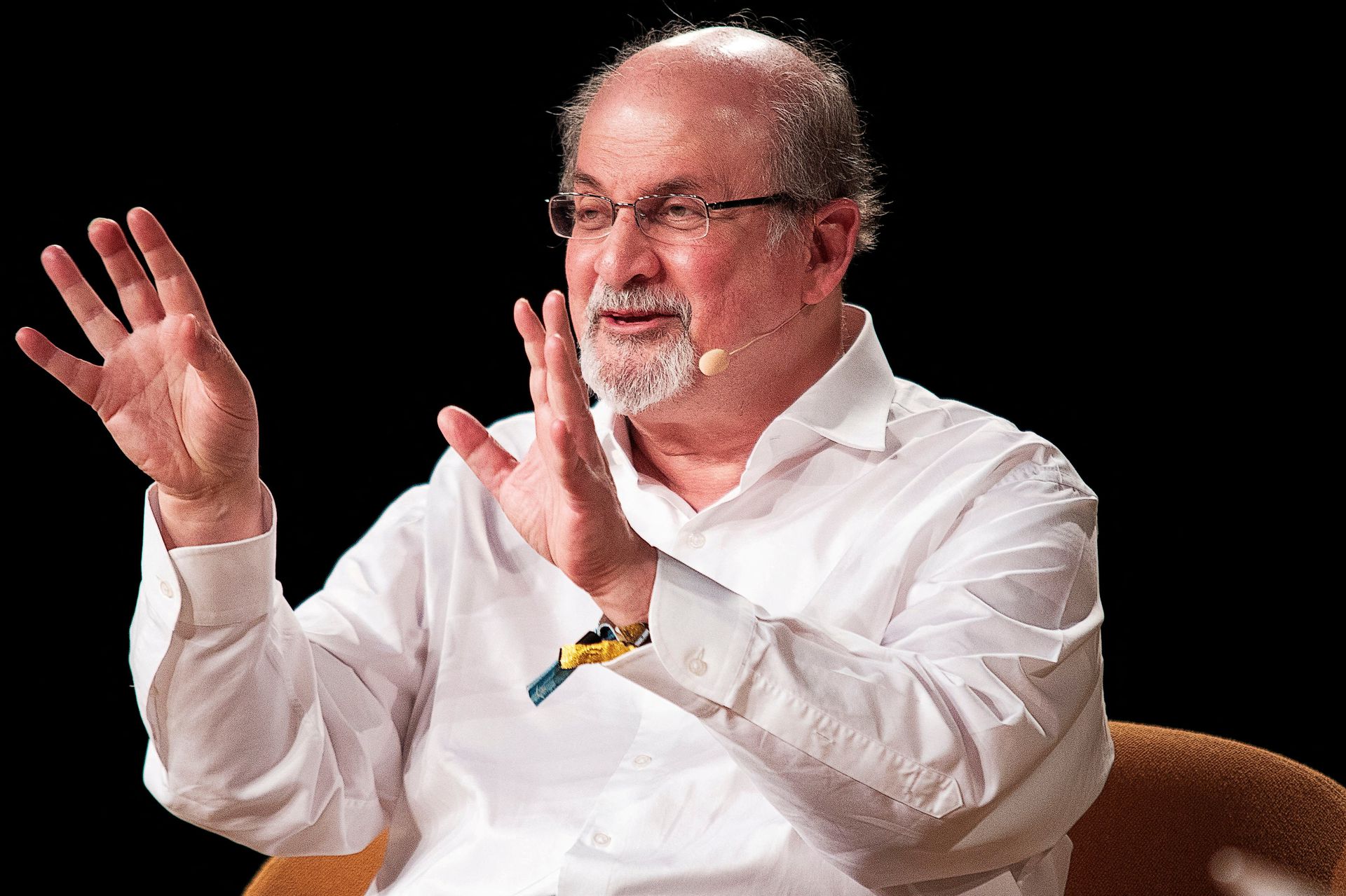 The writer Salman Rushdie is interviewed during the Heartland Festival in Kvaerndrup, Denmark on June 2, 2018.  