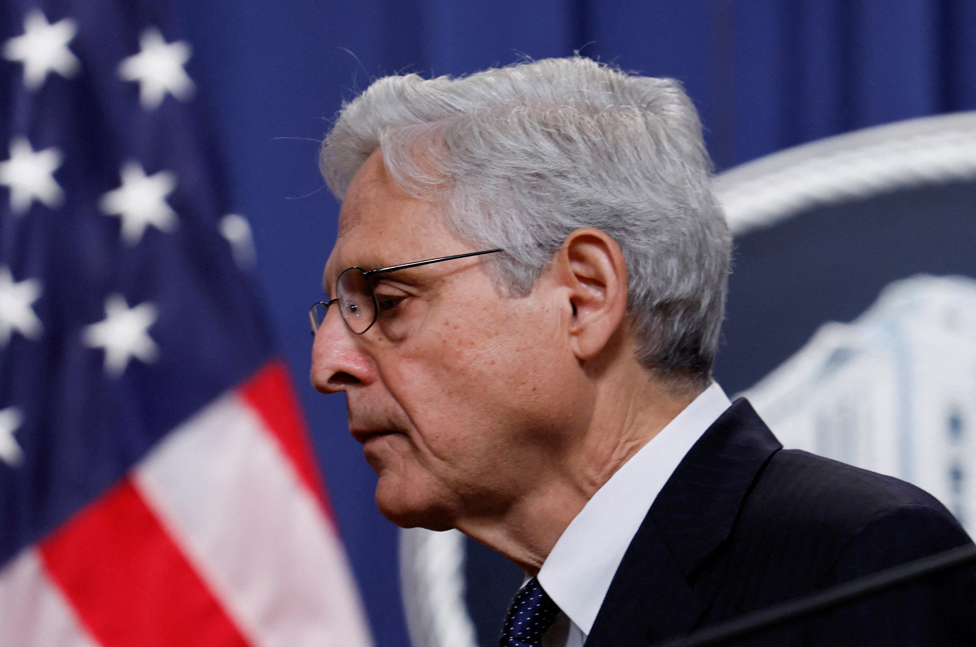 At the U.S. Justice Department in Washington, D.C., Aug. 11, 2022, U.S. Attorney General Merrick Garland turns away and leaves the podium after speaking about the FBI's search warrant served at former President Donald Trump's Mar-a-Lago estate in Florida.