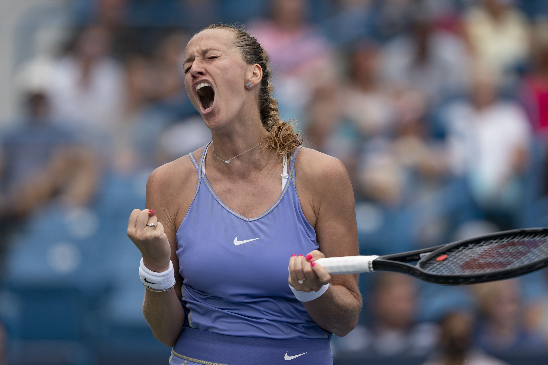 Petra Kvitova of the Czech Republic reacts to a point during match against Madison Keys of the U.S. at the Western & Southern Open at the Lindner Family Tennis Center in Cincinnati, Ohio on Aug. 20, 2022.