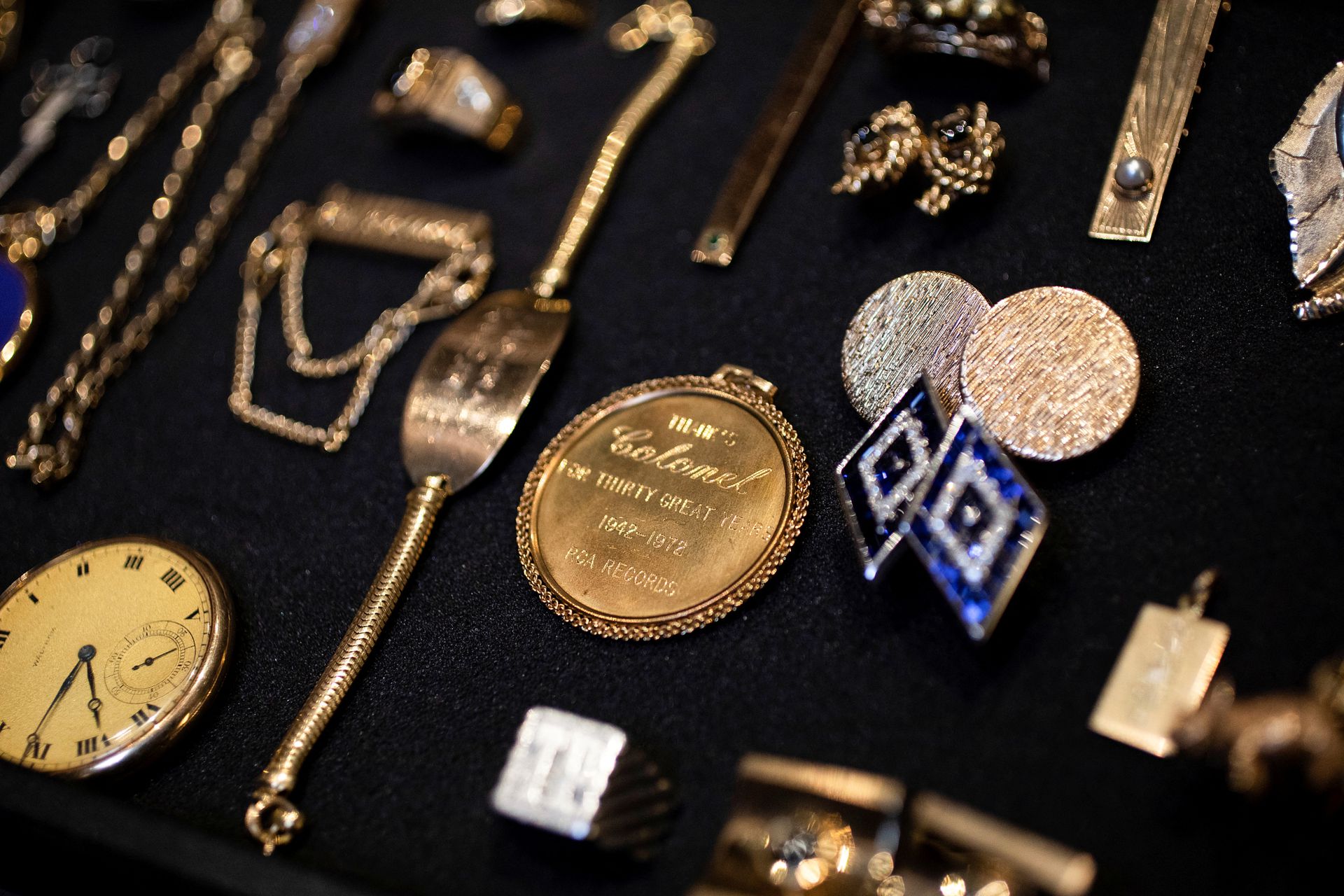 A collection of personal jewelry of Elvis Presley & Colonel Tom Parker, that was lost for decades and will be sold at auction in August, at the Sunset Marquis Hotel, in Hollywood, California, July 28, 2022. The items were part of a lost collection and do not belong to Priscilla Presley.