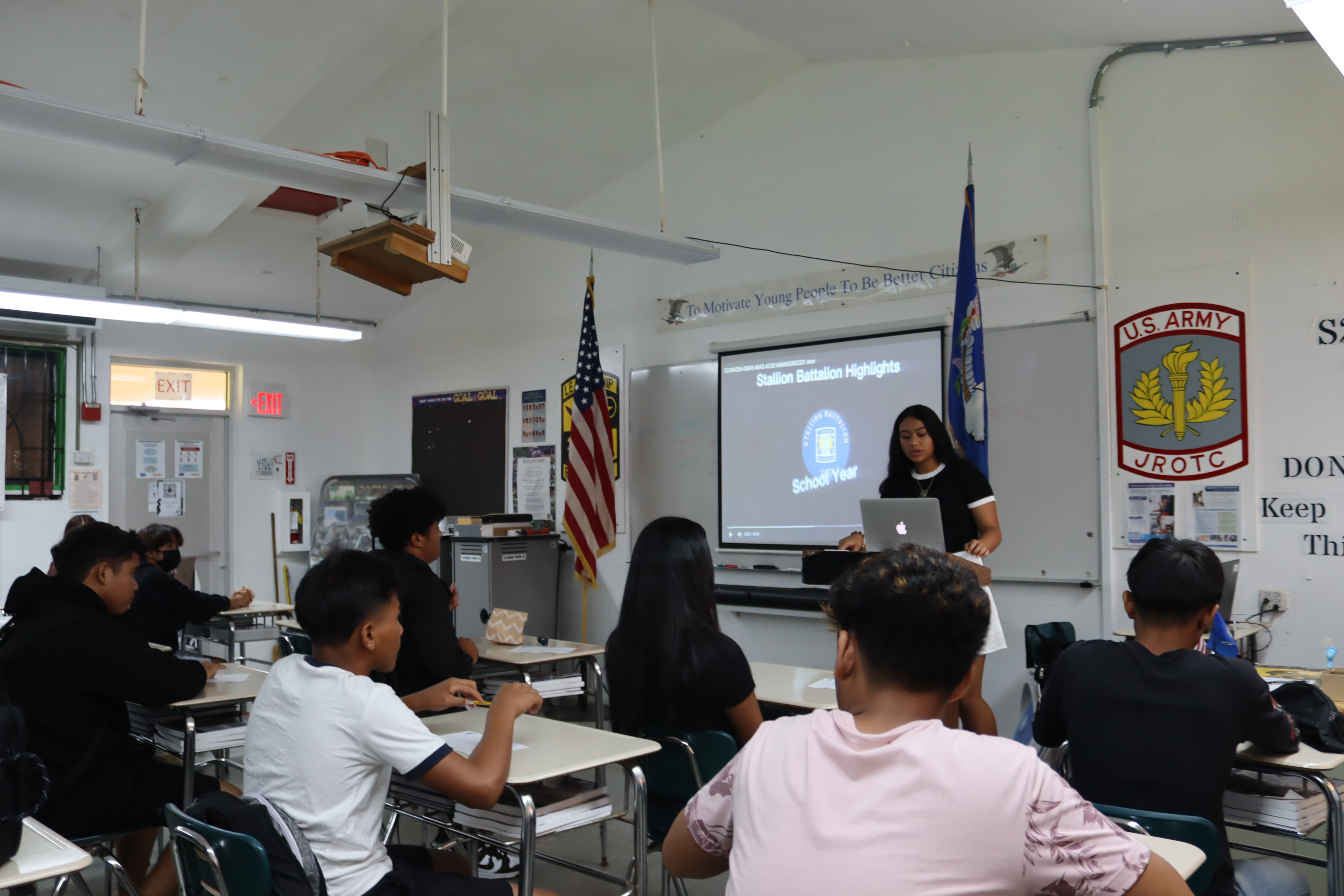 Battalion Commander Ciara Santos talks about the JROTC program with the new cadets.