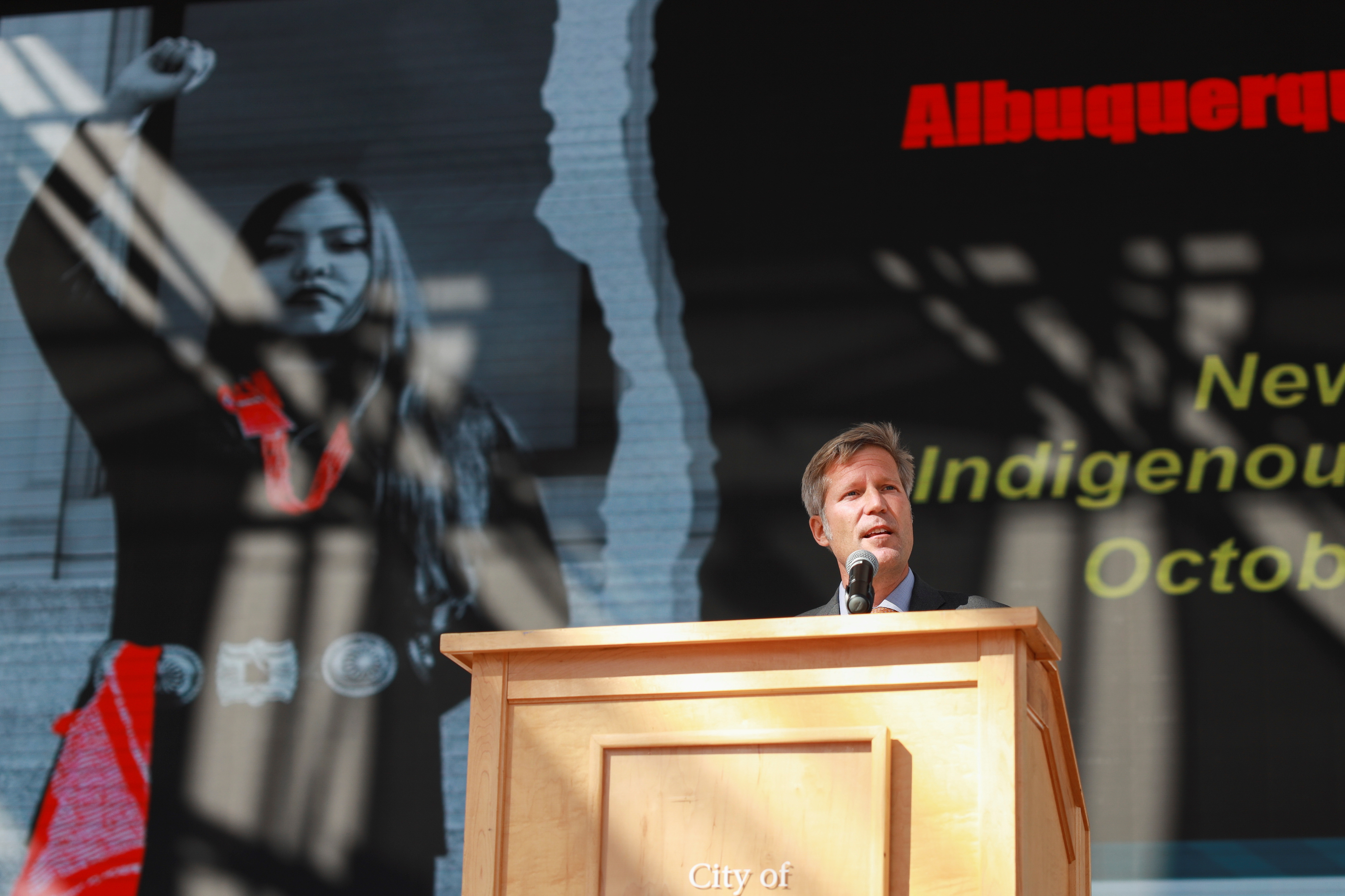 Mayor of Albuquerque Tim Keller speaks to the public during an event to mark Indigenous Peoples' Day in Albuquerque, New Mexico, Oct. 11, 2021.