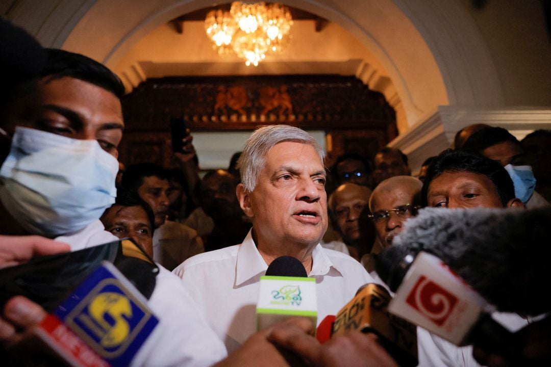 Ranil Wickremesinghe, who has been elected as the eighth president under the Sri Lankan Constitution, speaks to media as he leaves a Buddhist temple, amid the country's economic crisis, in Colombo, Sri Lanka, July 20, 2022.