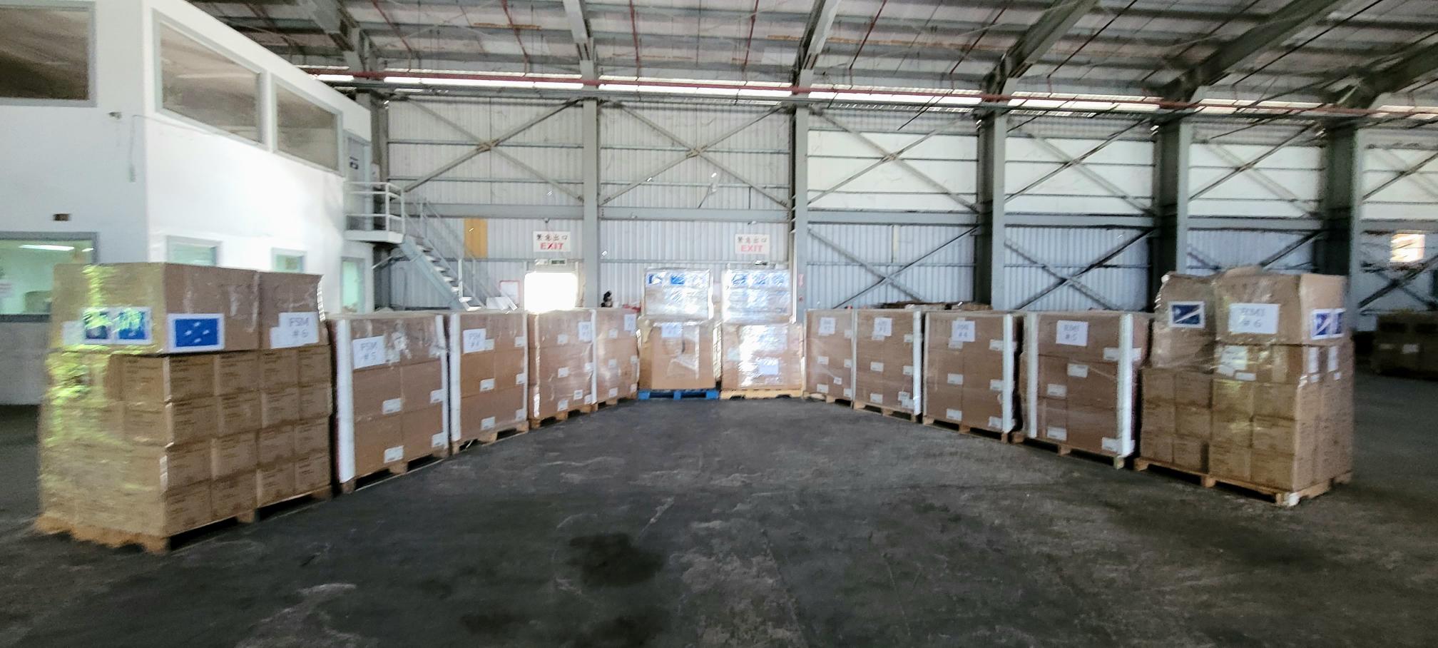 The Covid-19 relief supply boxes for the FSM and the Marshall Islands are seen in the CNMI Homeland Security warehouse.