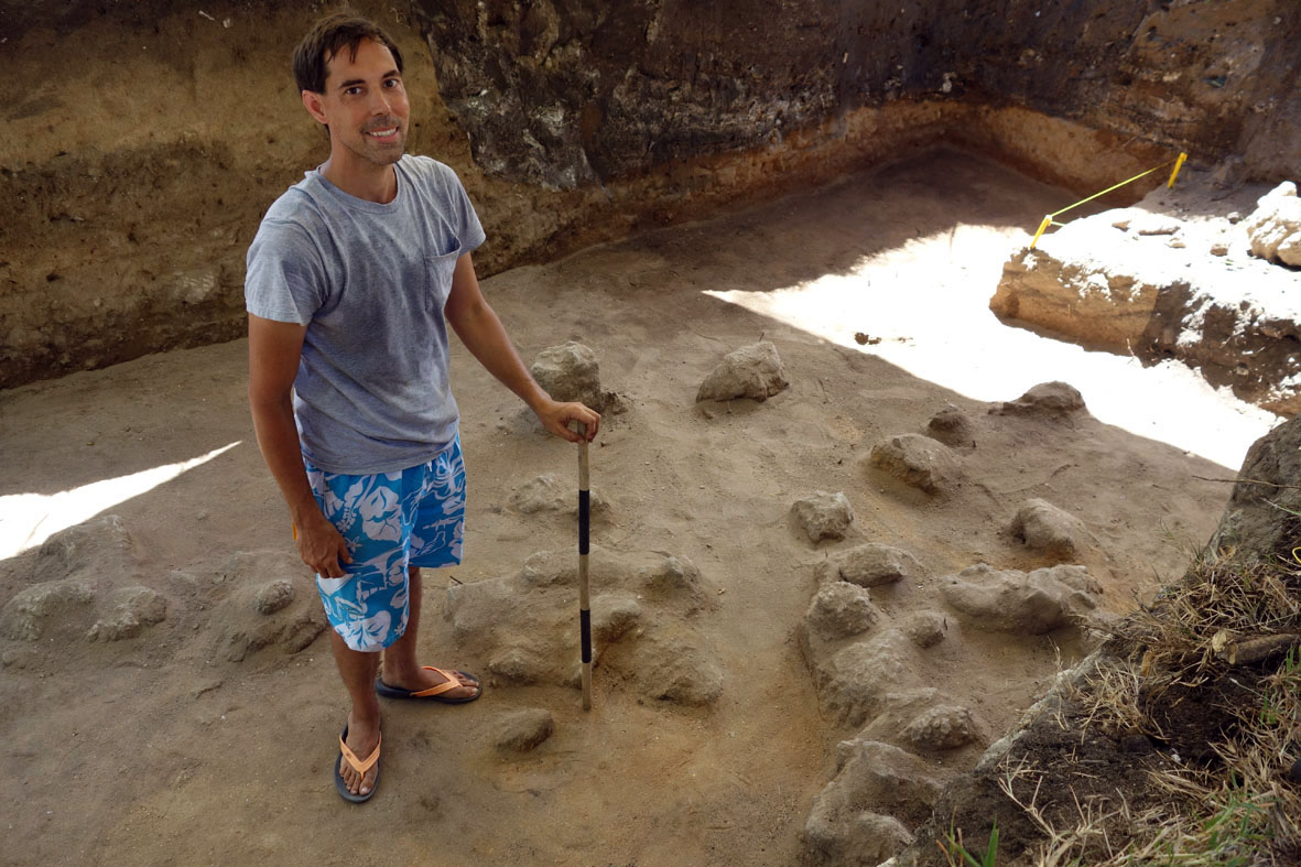 University of Guam archaeologist Michael Carson at the 2013 excavation of Sanhalom in Tinian, near the House of Taga. The excavation uncovered an octopus lure artifact from a layer that Carson has since carbon dated to 1500–1100 B.C., making it the oldest known artifact of its kind in the world.