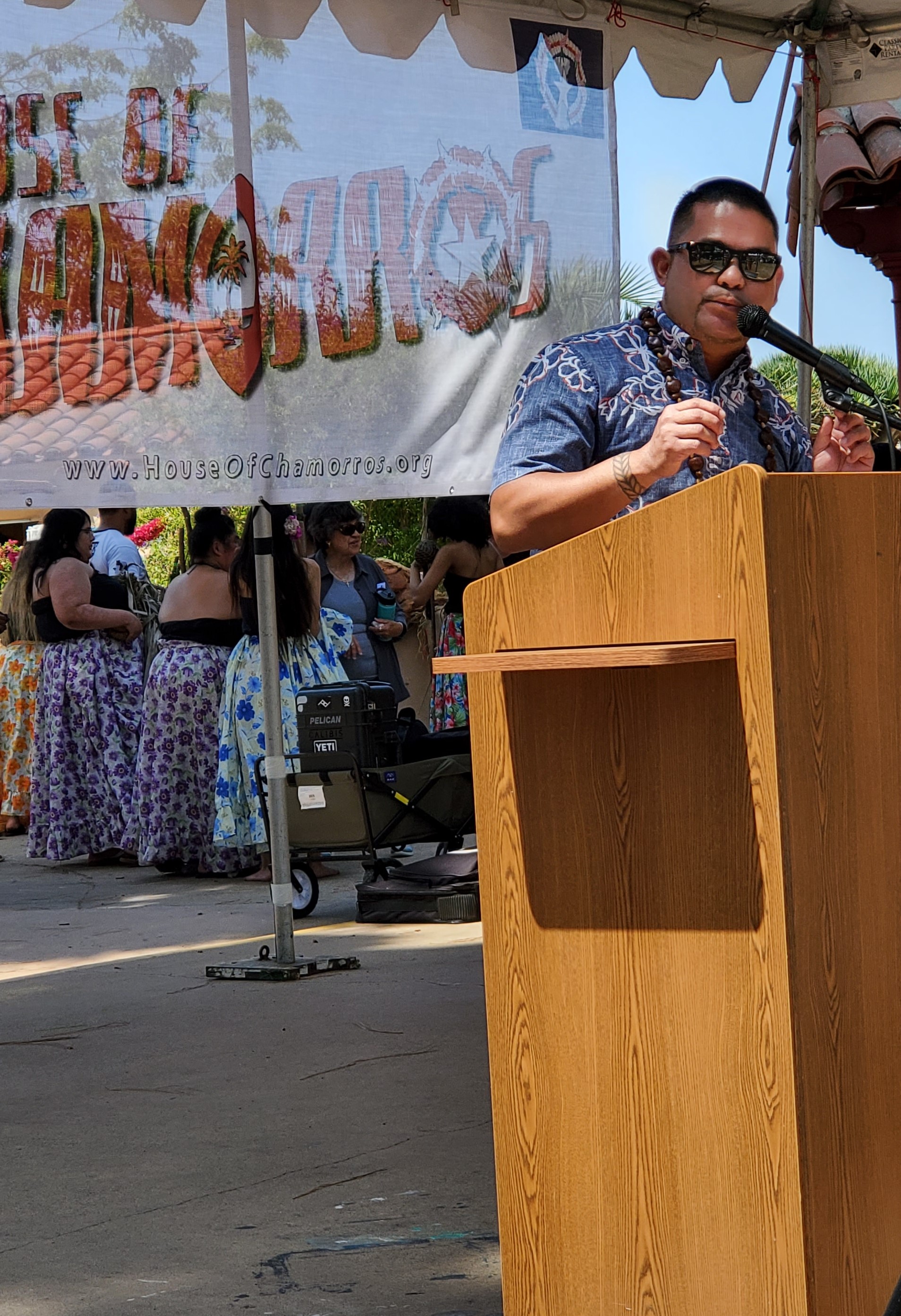 Senate Floor Leader Vinnie F. Sablan delivers remarks on behalf of Gov. Ralph DLG Torres at the grand opening of the House of the Chamorros.
